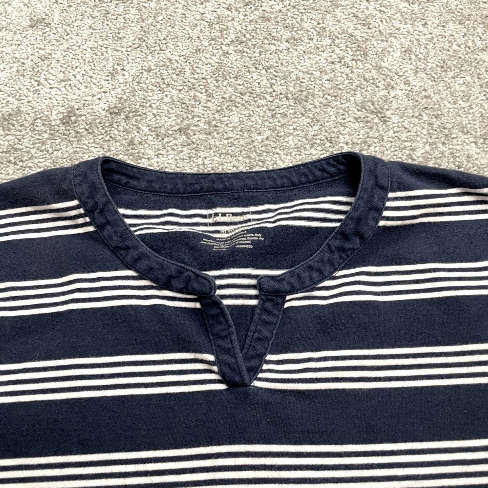 Vintage L.L. Bean Women Medium Navy Blue Striped Long Sleeve Cotton Split Neck Top Size M / US 6-8 / IT 42-44 - 3 Thumbnail