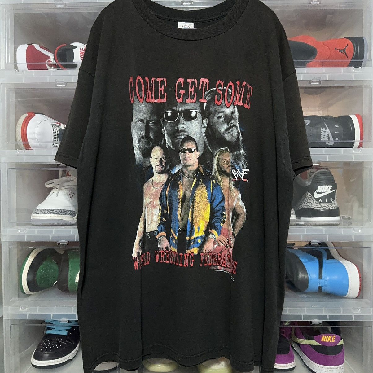 Image of Vintage Wwf Come Get Some The Rock Stone Cold Wrestling Tee in Black, Men's (Size XL)