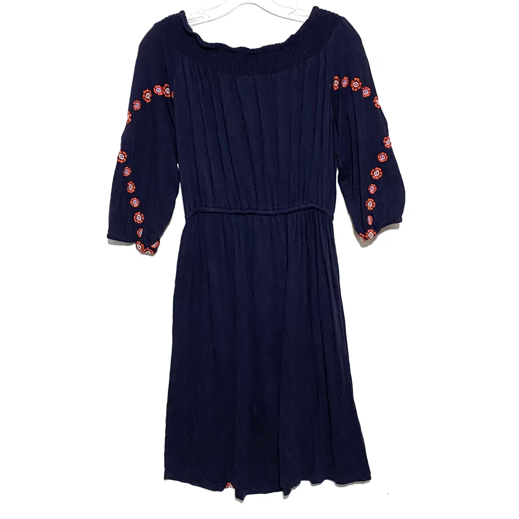 Loft Loft Off Shoulder Embroidered Navy Dress S Tassel Boho Peasant Cinched Tie Waist Dress Women S Navy Geometric Embroidery Bohemian 90s Inspired Size S / US 4 / IT 40 - 2 Thumbnail
