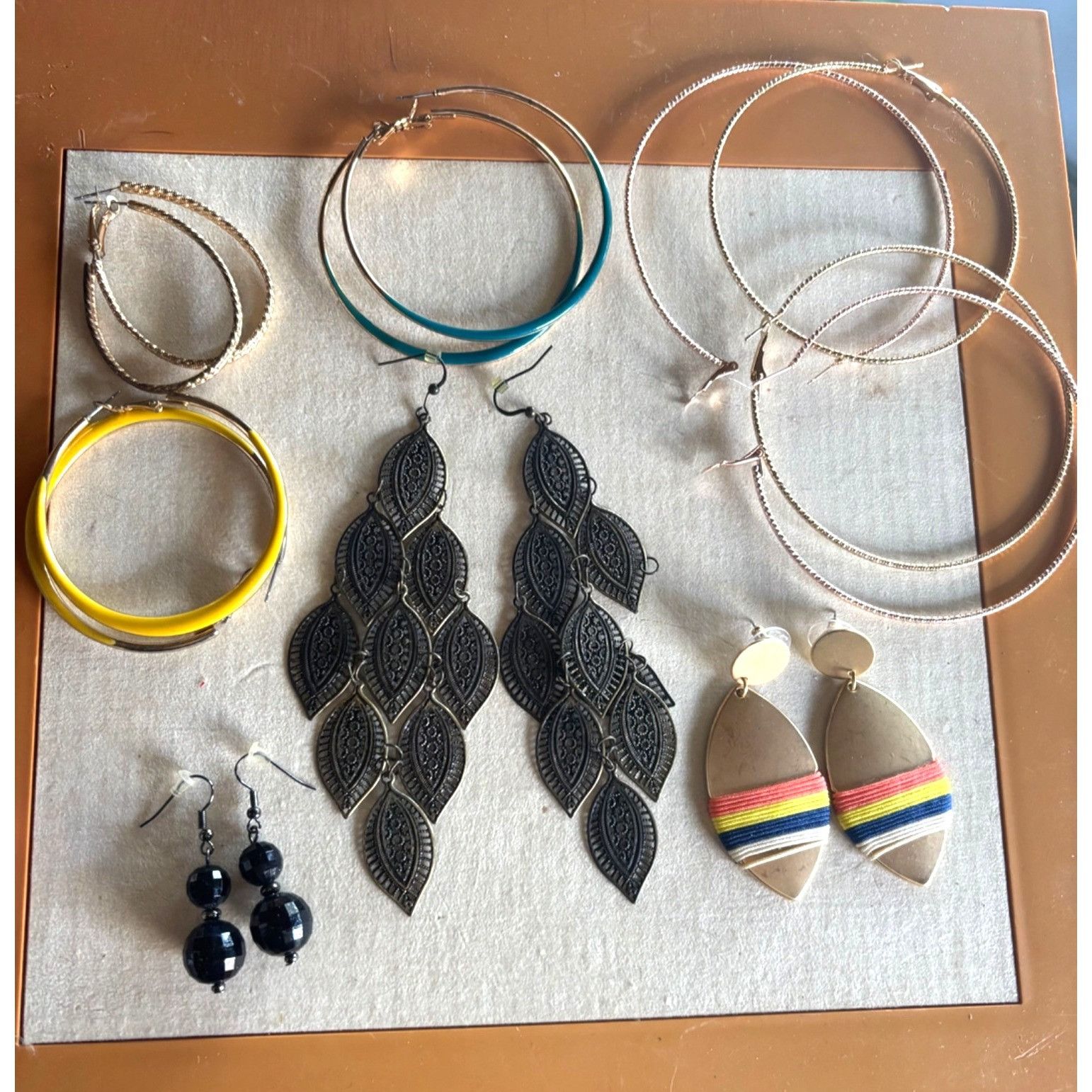 Other Mixed Earring Set With Gold Hoops Black Leaf Dangles Yellow Size ONE SIZE - 1 Thumbnail