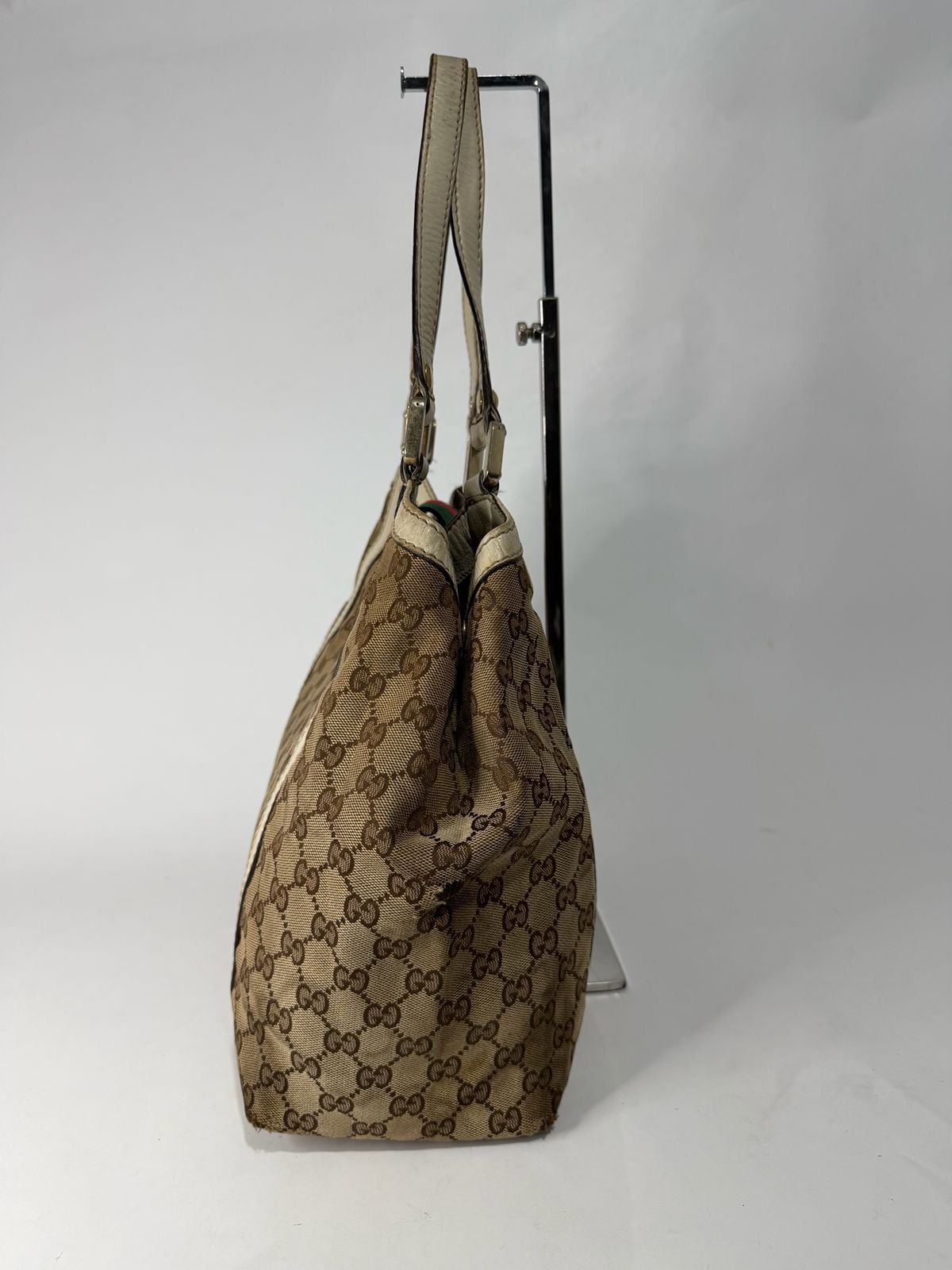Gucci Gucci BeigeWhite GG Canvas Leather Medium Ladies Web Tote Size ONE SIZE - 4 Thumbnail