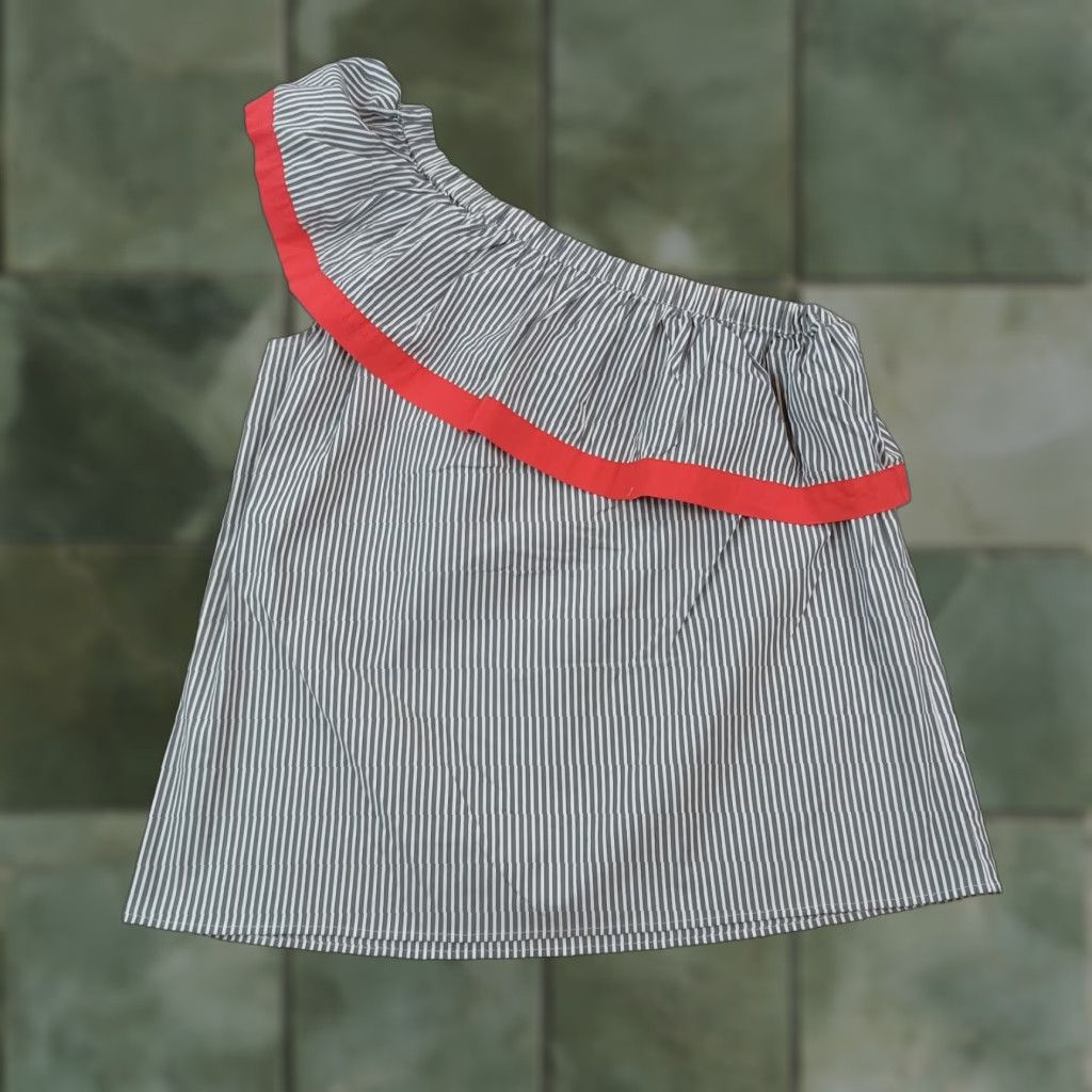 Vince Vince Gray White Striped One Shoulder Stretch Lightweight Womens Large Blouse Size L / US 10 / IT 46 - 1 Thumbnail