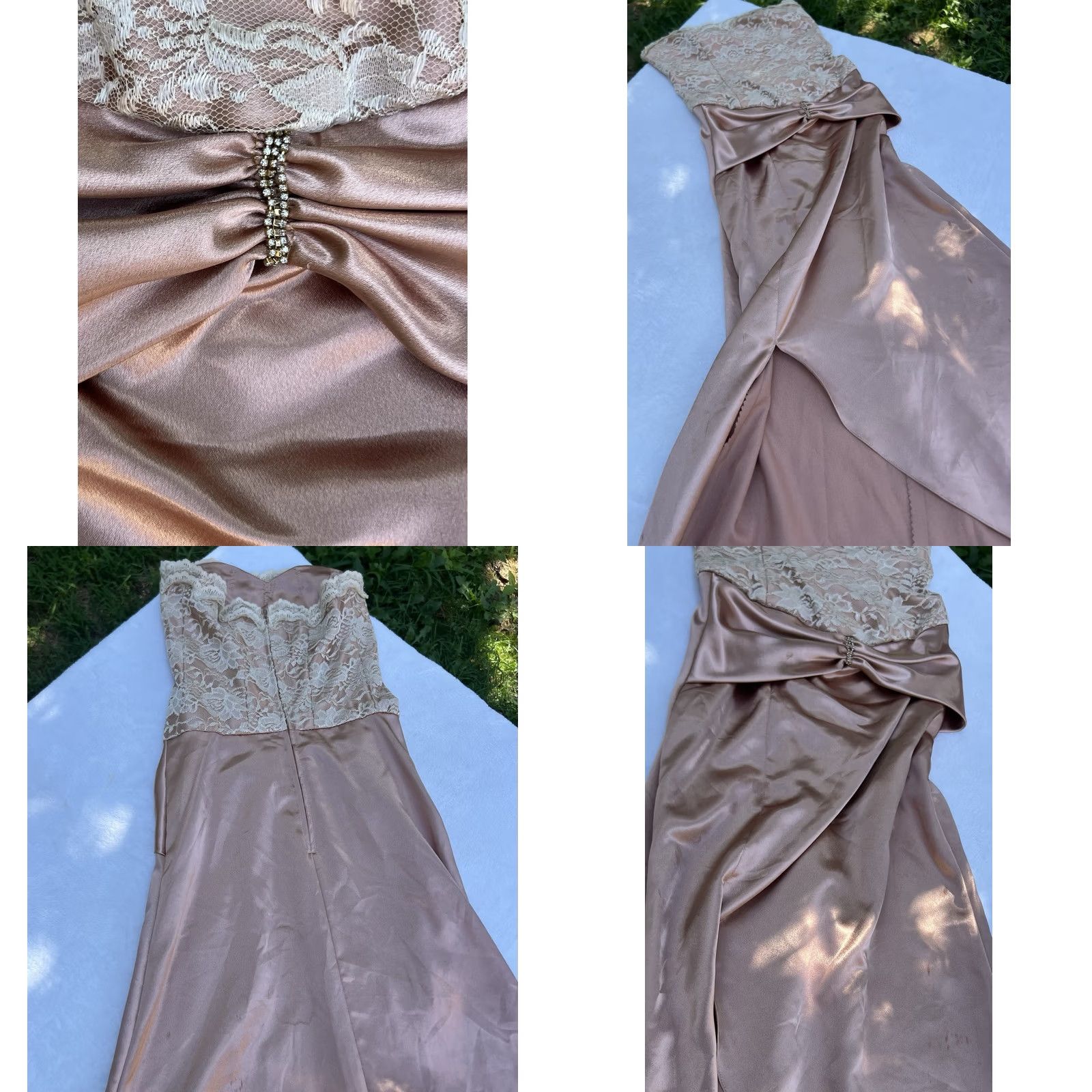 Vintage VINTAGE Dress Lace Satin Bustier Strapless Dusty Rose Pleated Beaded Rhinestone Square Neck Long A-Line Ball Gown 90s Women XS/S Ladies Size S / US 4 / IT 40 - 8 Thumbnail