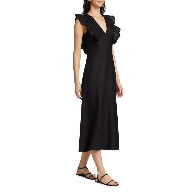 Rails Rails Constance Linen Midi Dress Black Ruffled V-Neck Back T Size M / US 6-8 / IT 42-44 - 1 Thumbnail