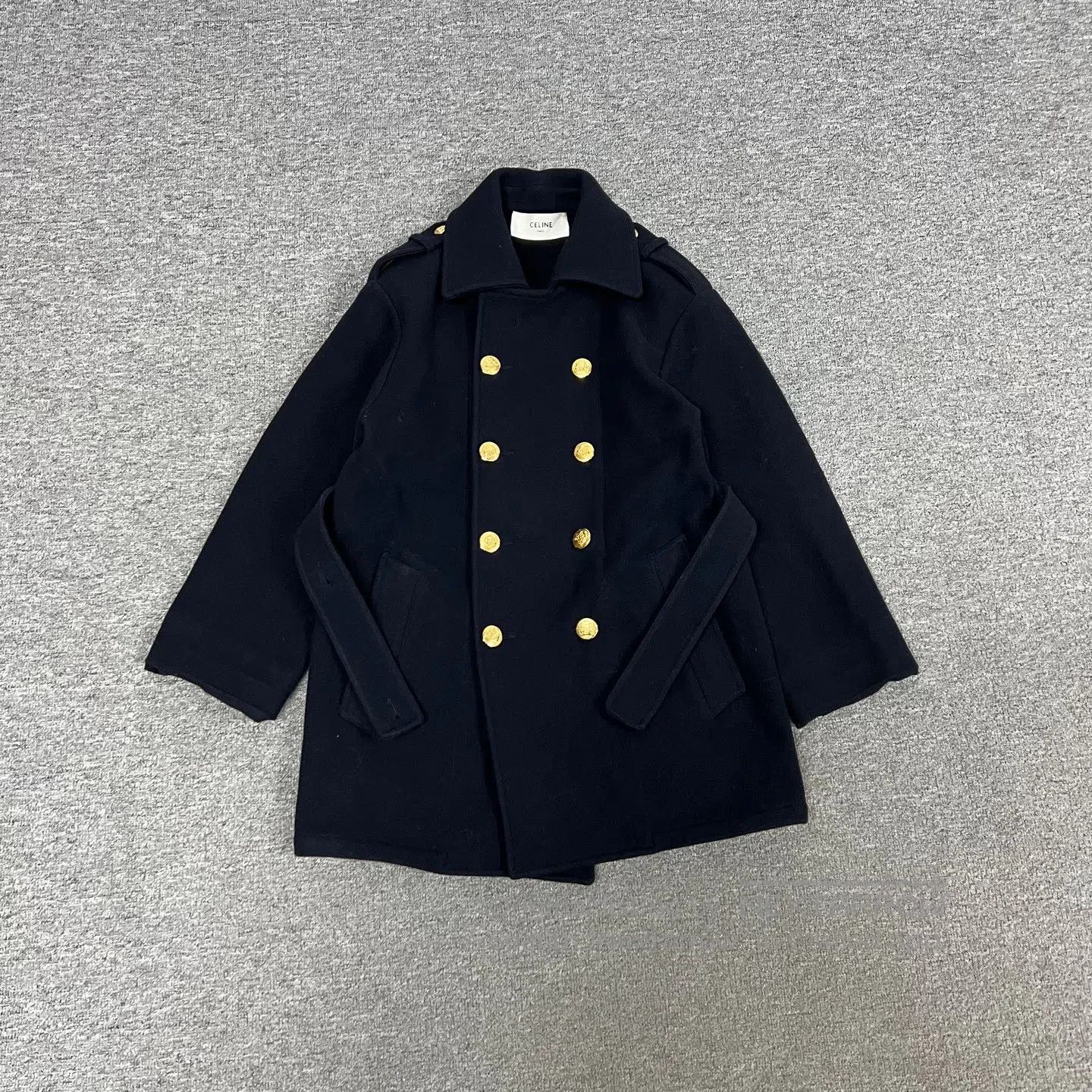 Celine CELINE SIZE 34 Gold-embossed Navy Blue Wool Coat| Size S / US 4 / IT 40 - 1 Thumbnail