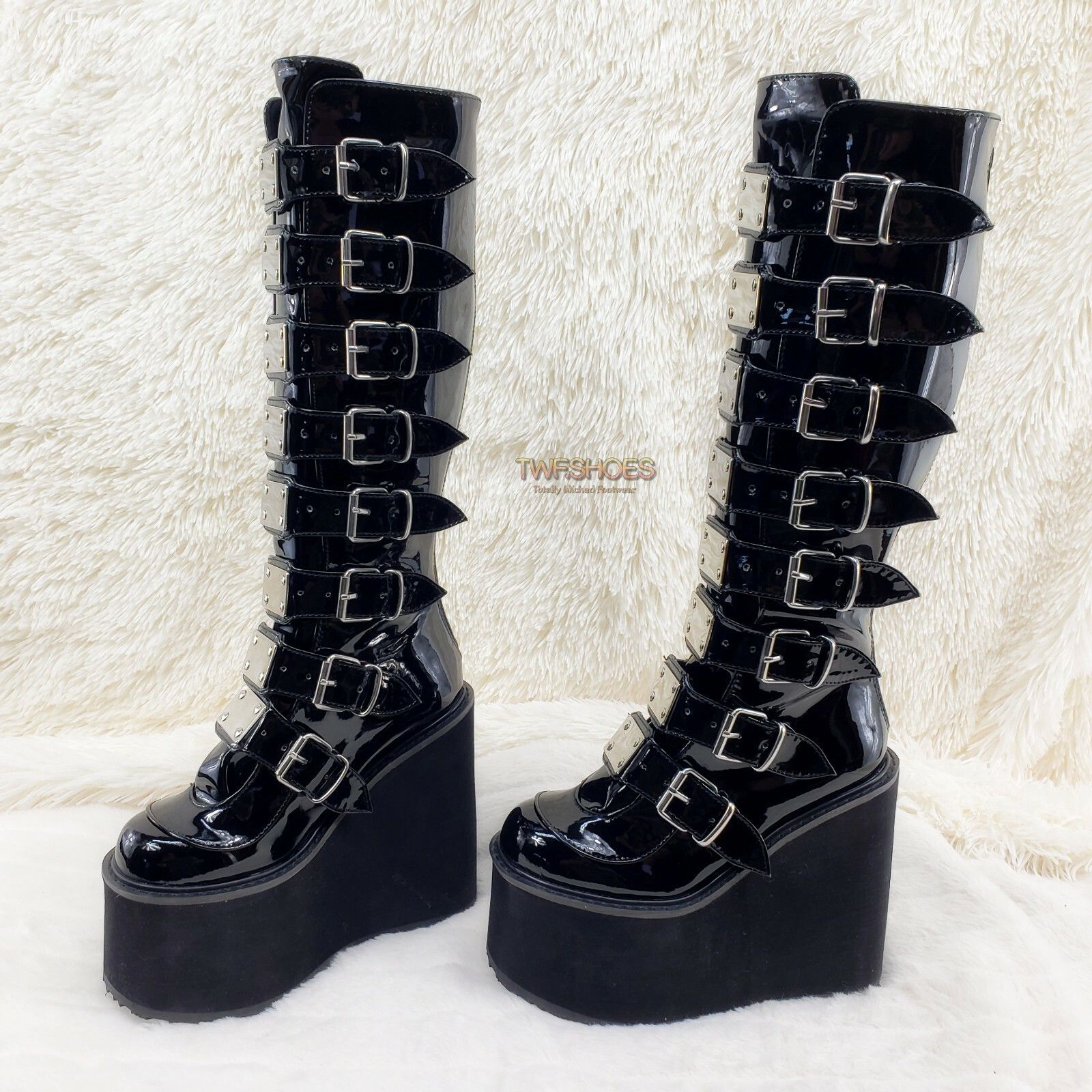 Demonia Cult DEMONIA Swing 815 Black Patent Goth Punk Rave Knee Boot 5.5" Size US 8 / IT 38 - 6 Thumbnail