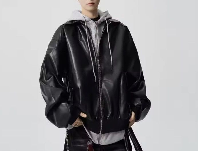 Japanese Brand Fake Two-Piece Double Zipper Leather Bomber - Black/Grey Size US XXL / EU 58 / 5 - 6 Thumbnail