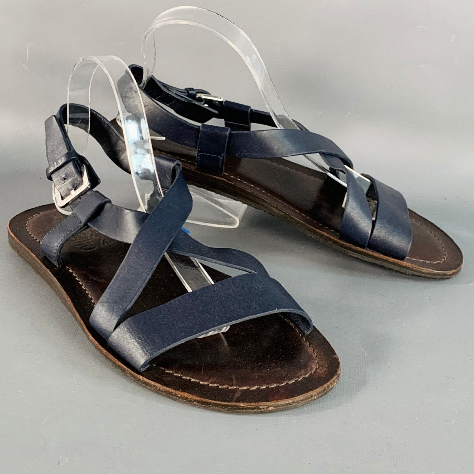 Salvatore Ferragamo Size 8 Navy Brown Leather Strappy Sandals Size US 8 / EU 41 - 1 Thumbnail