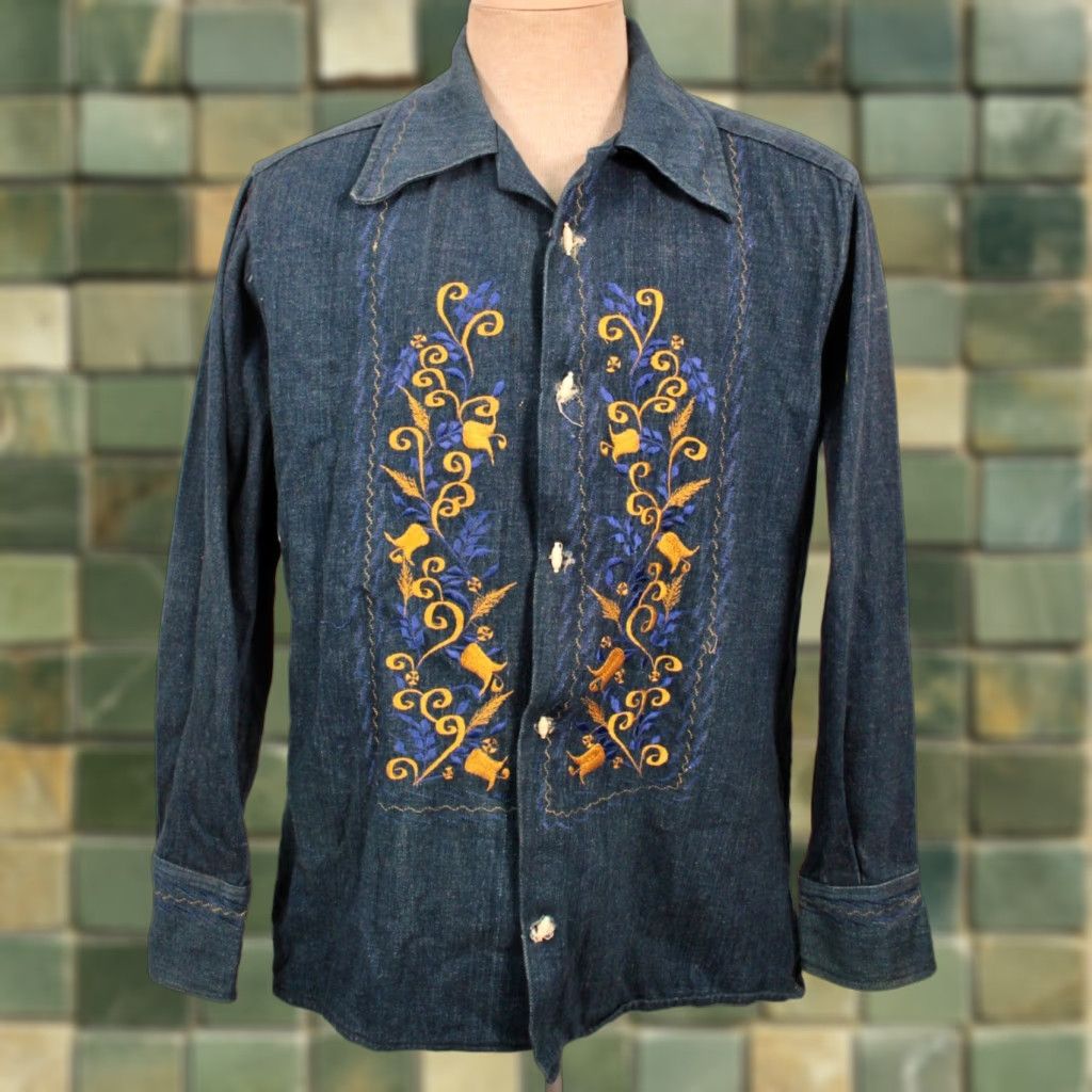 VINTAGE Ruben's Mexican Denim Shirt 60s Hippy Casual Mens 42 Blue 1960s Vintage Shirt