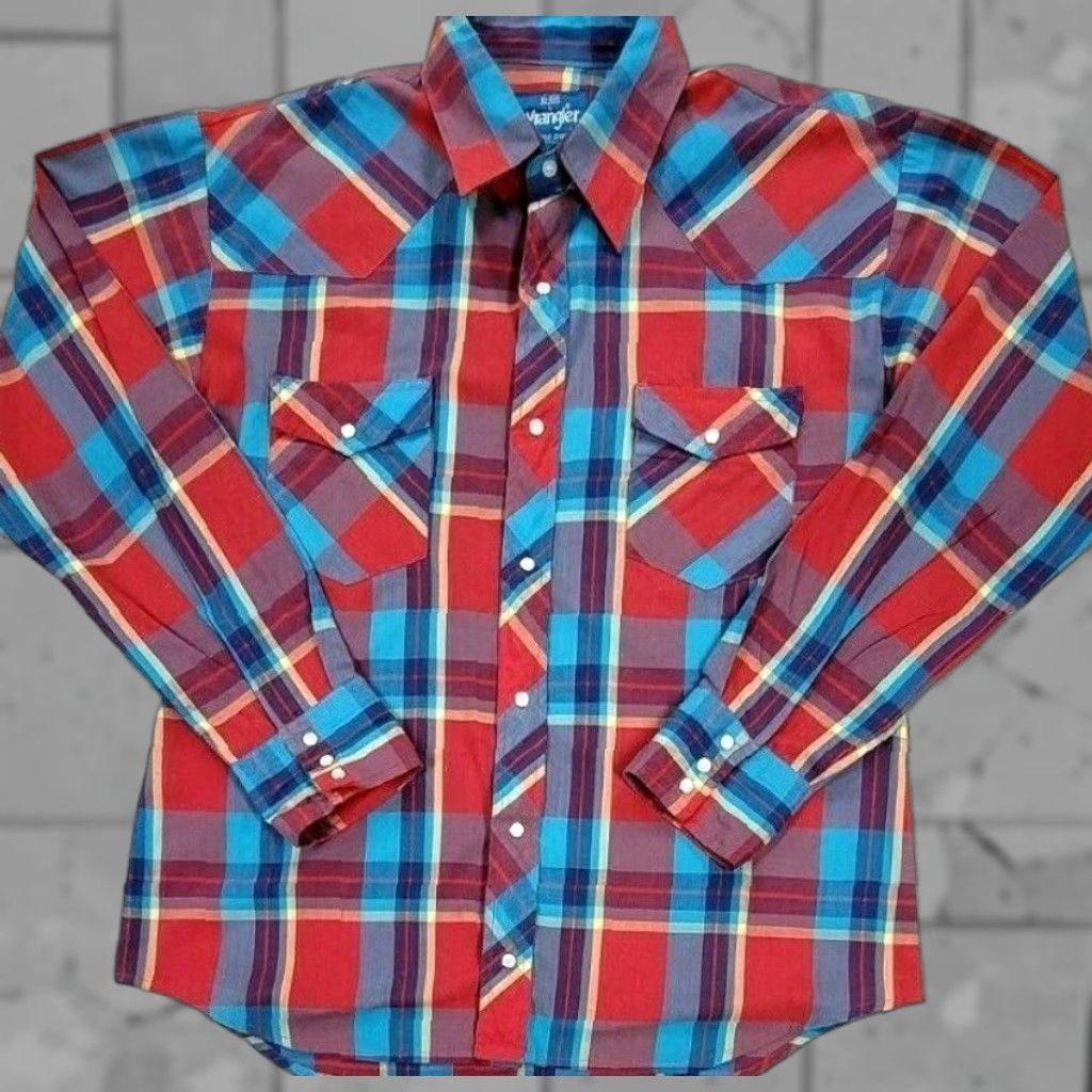 Wrangler Wrangler Button-Up Plaid Shirt Men 16-16.5 Multicolor Red Blue Green Pearl Snap Western Casual Workwear Long Sleeve Cotton Poly Blend Size US L / EU 52-54 / 3 - 1 Thumbnail