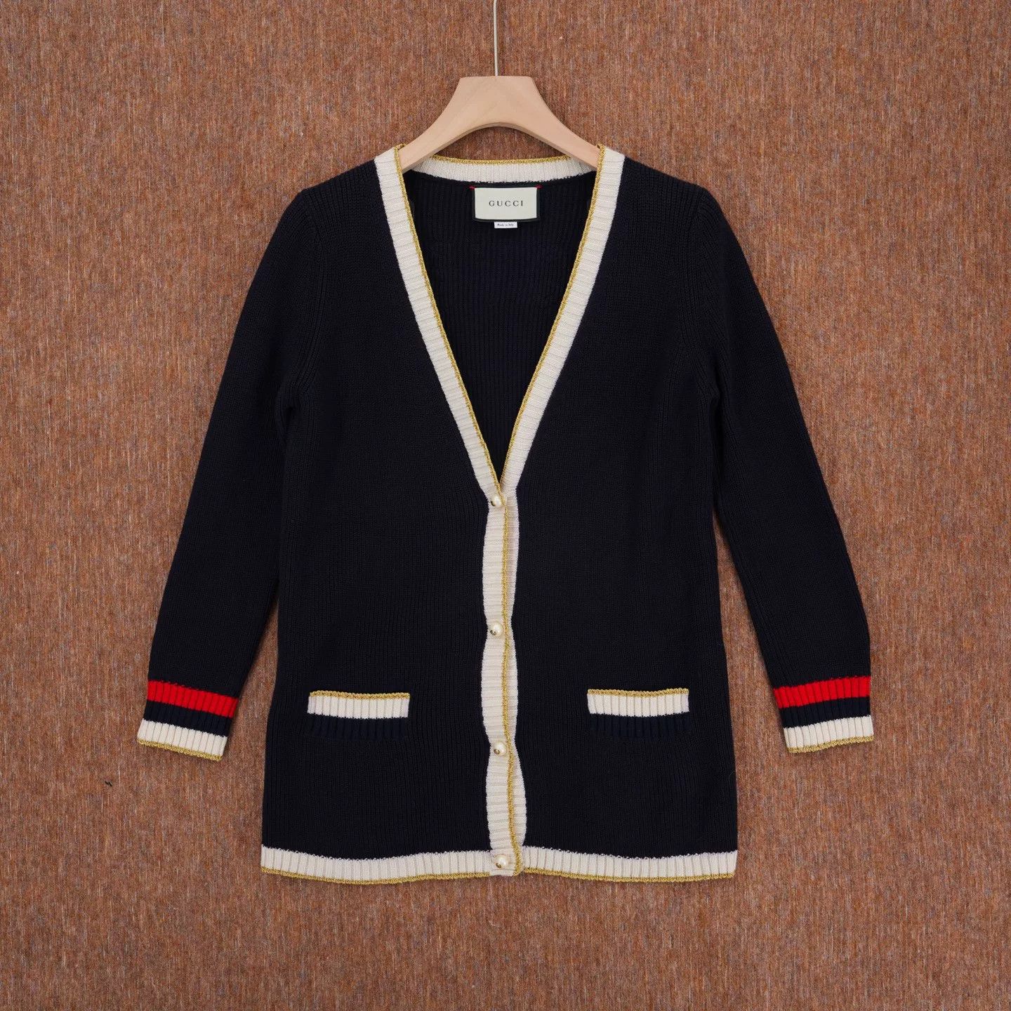 Gucci Gucci Navy Gold Thread Pearl Button Cardigan Size S / US 4 / IT 40 - 1 Thumbnail