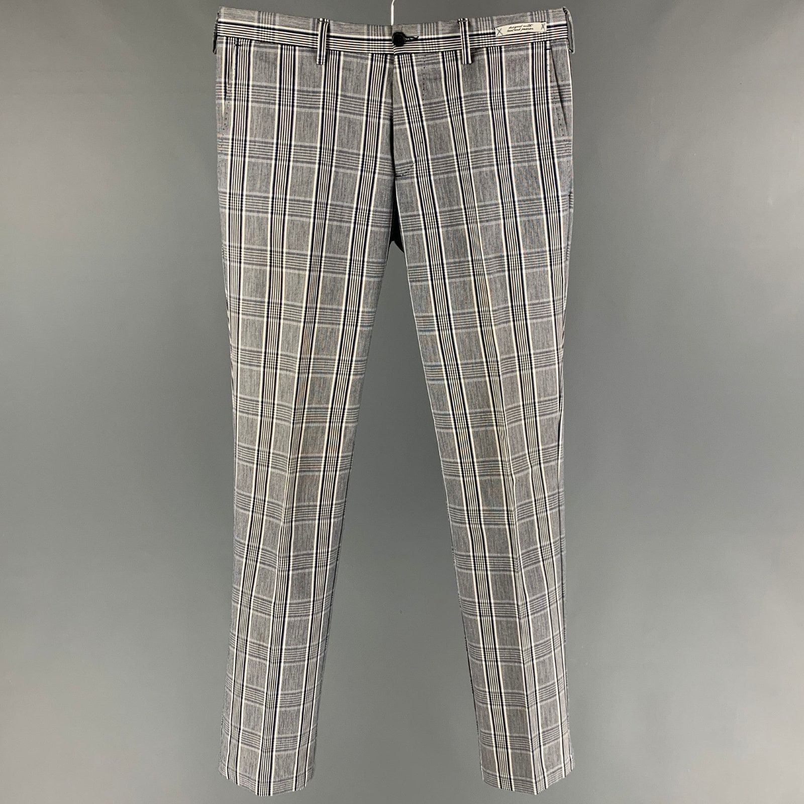 Navy White Plaid Cotton Polyester Zip Fly Pants