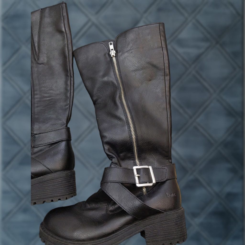 Vintage B.o.c Boots Womens 6 Black Knee High Zip Buckle Lug Sole Riding Moto Block Heel Mid-Calf Zipper Size US 6 / IT 36 - 1 Thumbnail