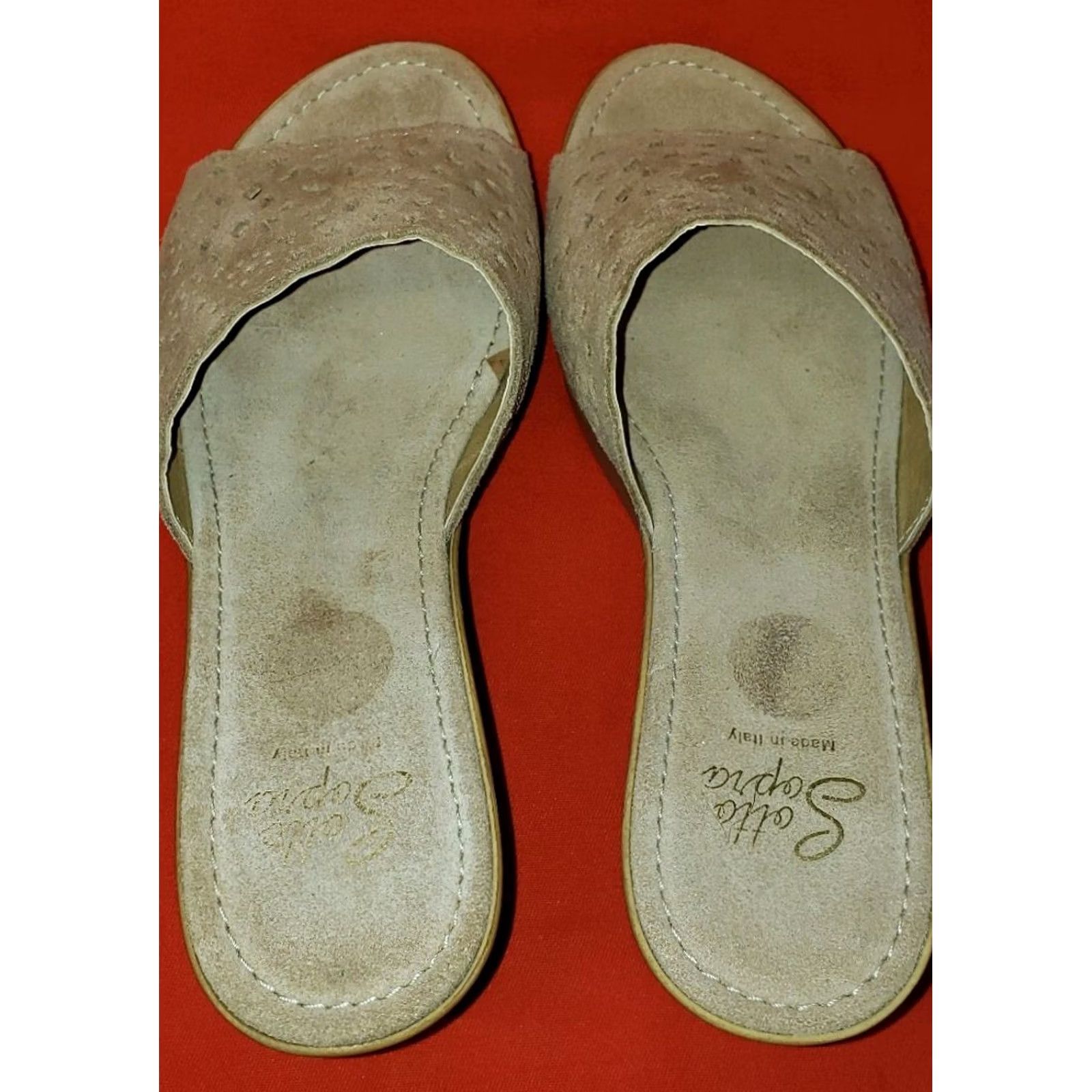 Vintage Sotto Sopra Slide Wedge Sandals Women's Beige Suede Perforated Crossover 7.5M Size US 8 / IT 38 - 7 Thumbnail