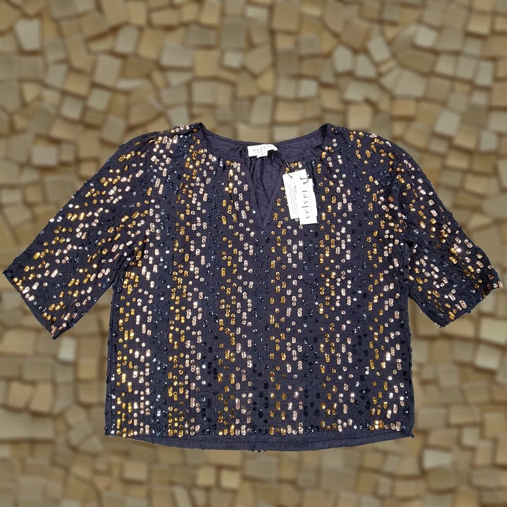 Vintage Velvet by Graham & Spencer Blouse Navy Blue XS V-Neck Sequin Short Sleeve Women's XS Blouse Velvet Sequin V-Neck Top Size XS / US 0-2 / IT 36-38 - 1 Thumbnail