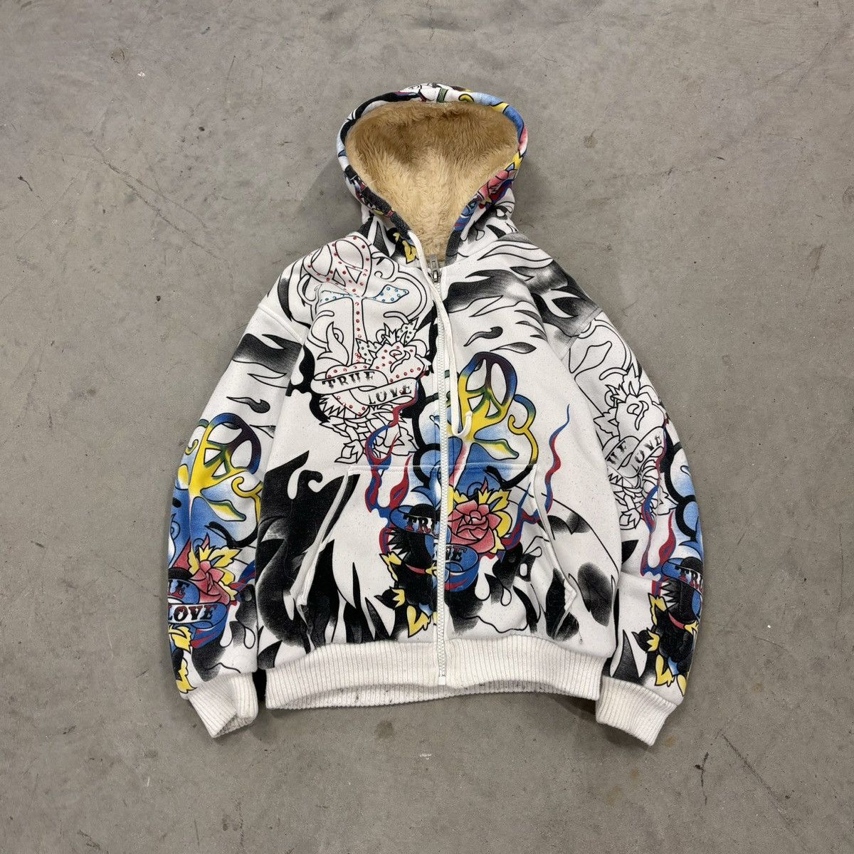 image of Christian Audigier x Ed Hardy Really Point Faux Fur Hood Zip Y2K Hoodie in White, Men's (Size Large