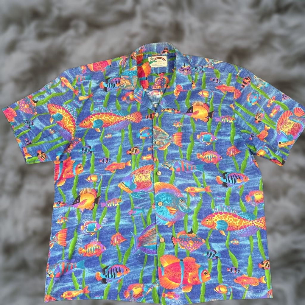 Paradise Found VTG Paradise Found Hawaiian Shirt Men XL Blue Marine Fish Print Aloha Made in USA Short Sleeve Button-Up 3/4 Sleeve? Size US XL / EU 56 / 4 - 1 Thumbnail