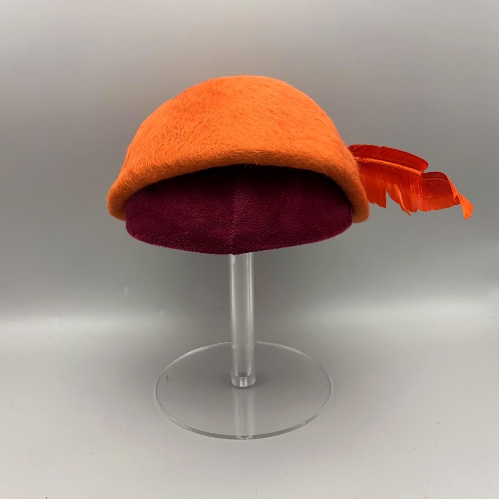 FELT VINTAGE Marcee Modes Hat Cloche Womens One Size Orange Wool Felt Feather 60s Size ONE SIZE - 4 Thumbnail