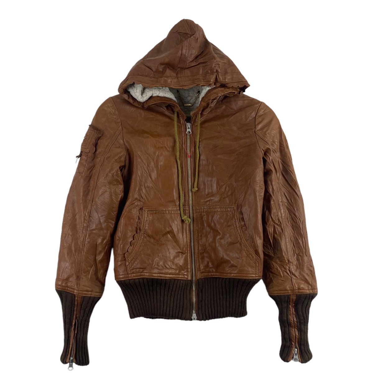 Japanese Brand LANGUAGE Japanese Brand Hooded Brown Leather Jacket Size US XXS / EU 40 - 1 Thumbnail