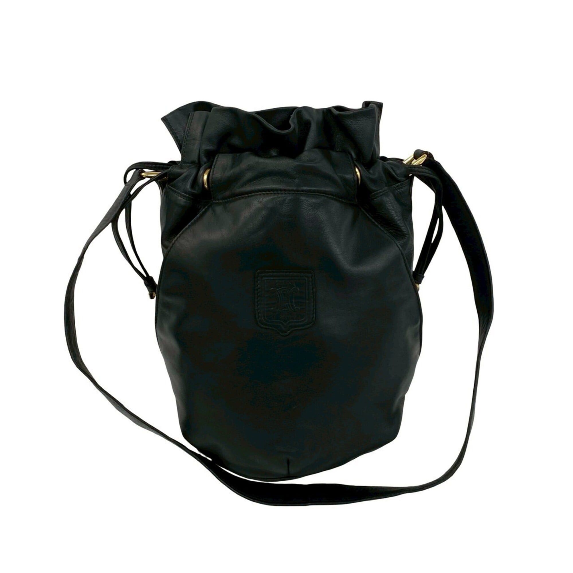 Celine CELINE Vintage Triomphe Logo Leather Drawstring Semi-One Shoulder Bag Tote Black 34001 Size ONE SIZE - 1 Thumbnail