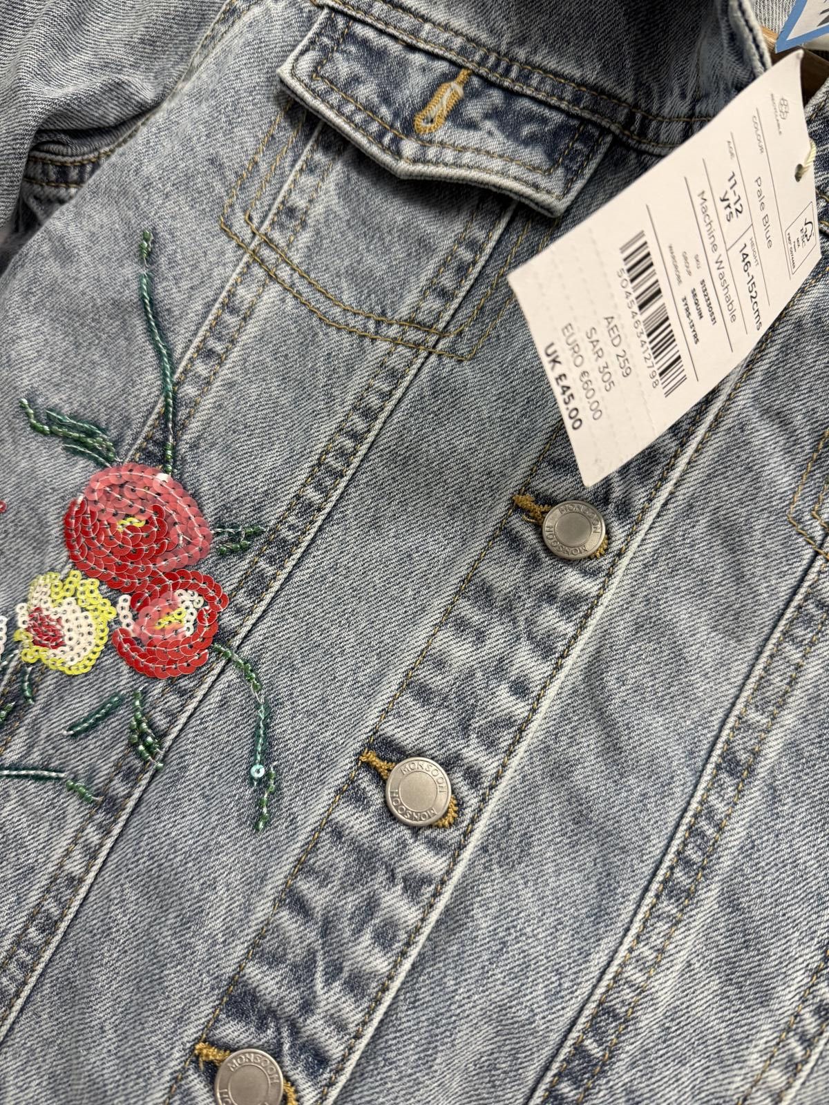 Other Monsoon Girls Pale Blue Denim Jacket with Floral Embroidery, Size ONE SIZE - 3 Thumbnail