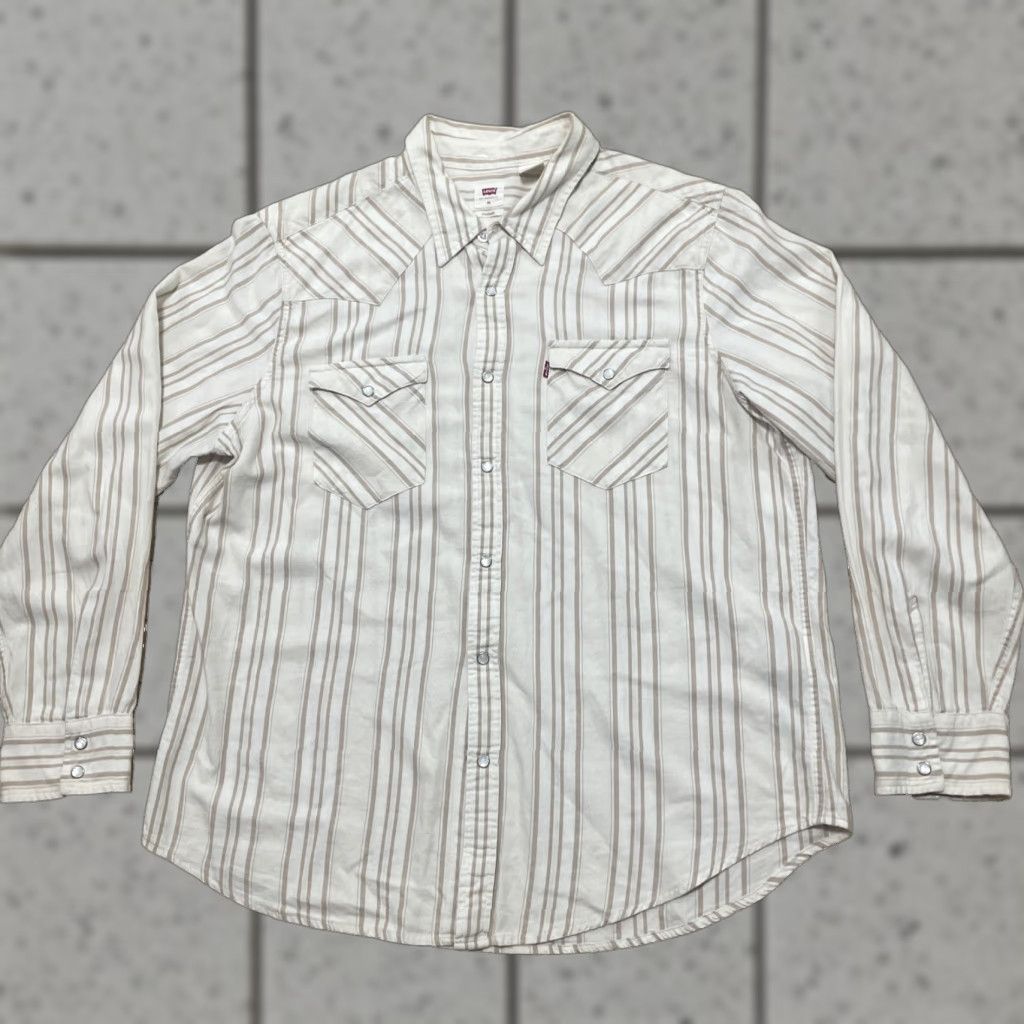 Levi's Levis Western Pearl Snap Cowboy Shirt Men XL Brown Cream Vertical Striped Capsule Size US XL / EU 56 / 4 - 1 Thumbnail