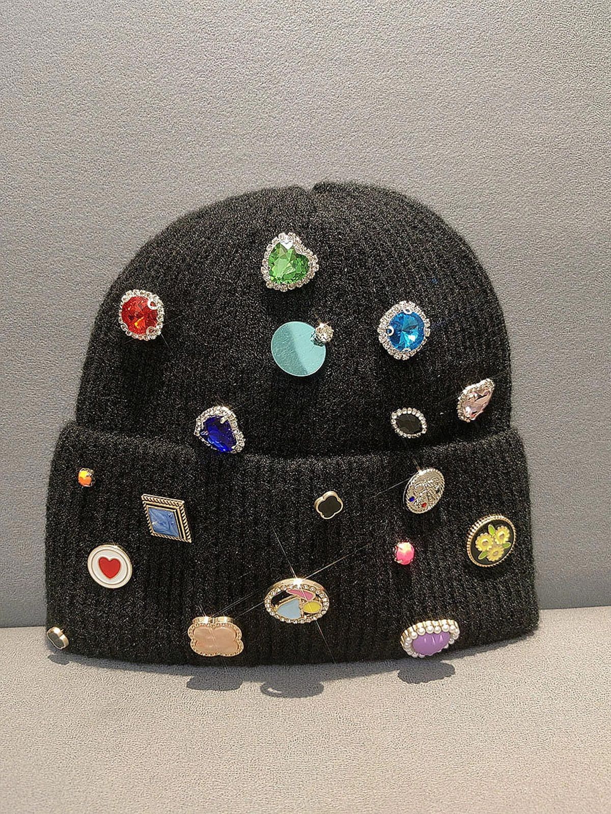 Other Black Beanie Hat with Colorful Gems and Badges Size ONE SIZE - 1 Thumbnail