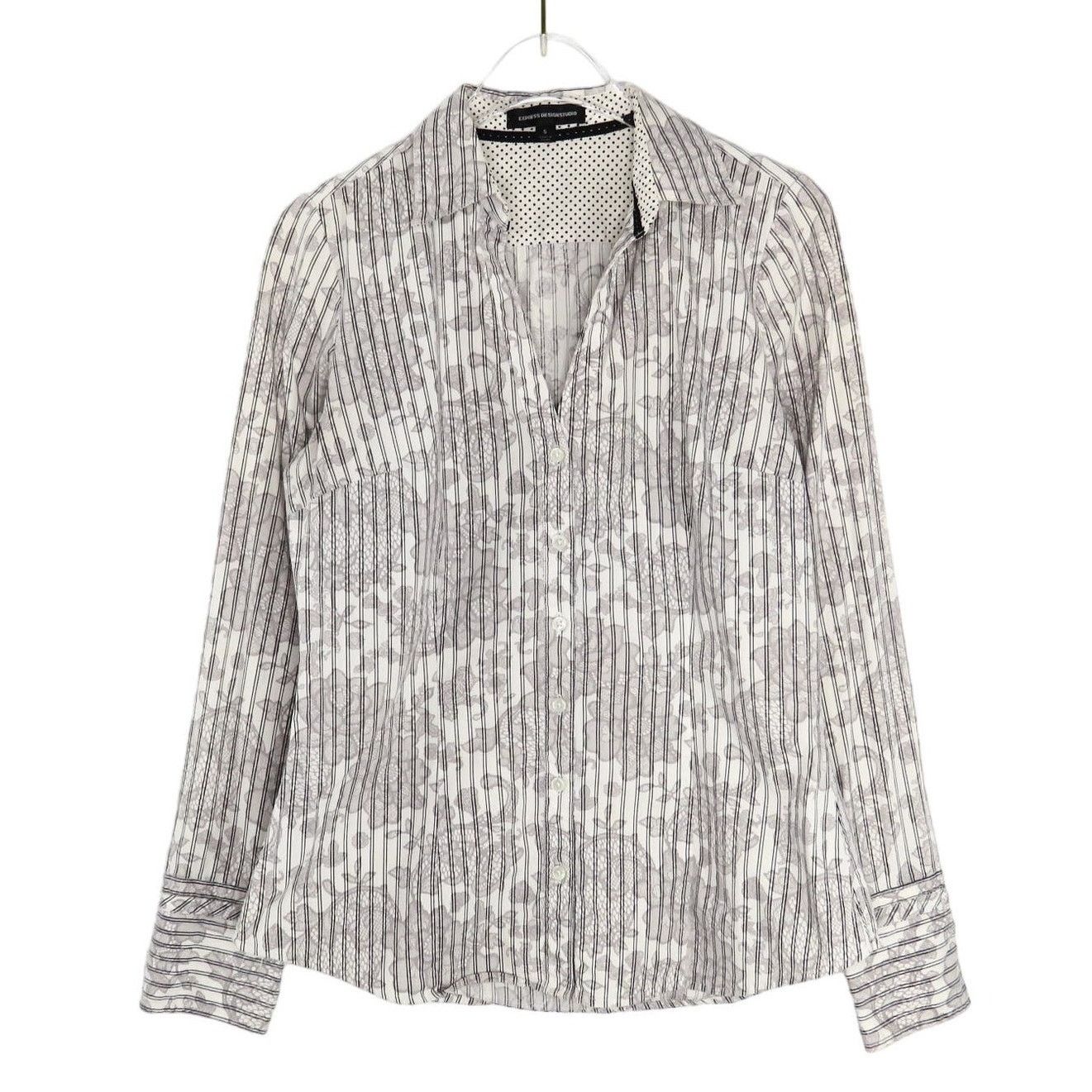 Express Express Gray Floral Button Down Striped Blouse Small Size S / US 4 / IT 40 - 2 Thumbnail