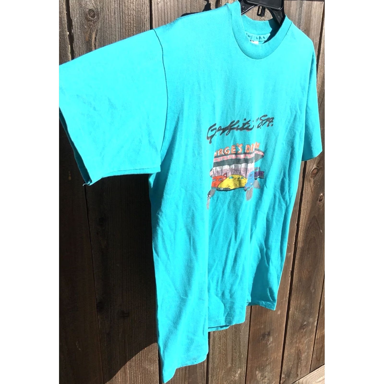 Hanes VINTAGE Hanes Graphic Tee Turquoise 1990s 1990s Burge’s Drive In L Men's Short Sleeve Cotton Blend USA Printed Fifty Fifty Shirt Size US L / EU 52-54 / 3 - 4 Thumbnail