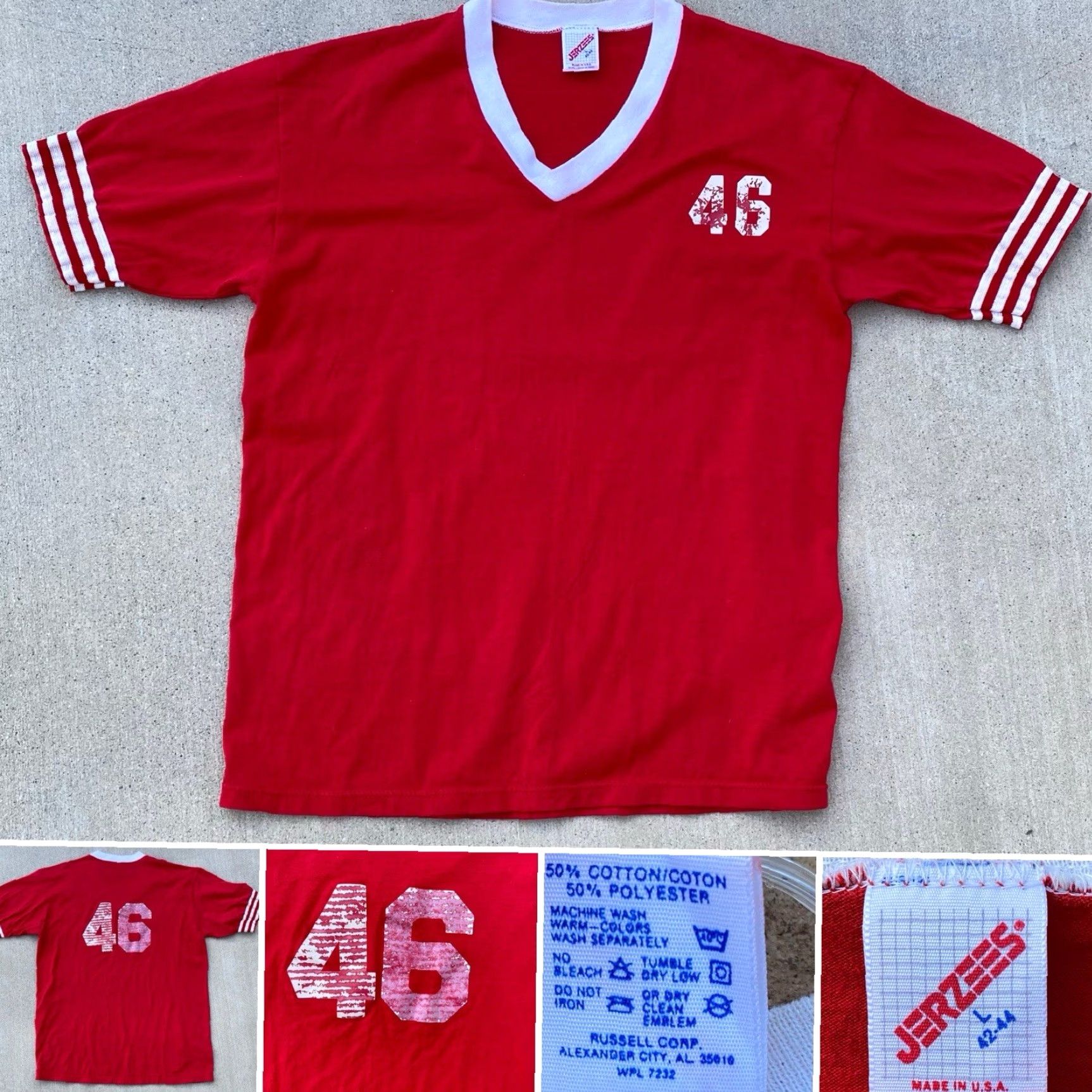 Jerzees VINTAGE Jerzees Red V-Neck Athletic Jersey Shirt Mens L Striped Sleeves 46 T-Shirt Size US L / EU 52-54 / 3 - 2 Thumbnail