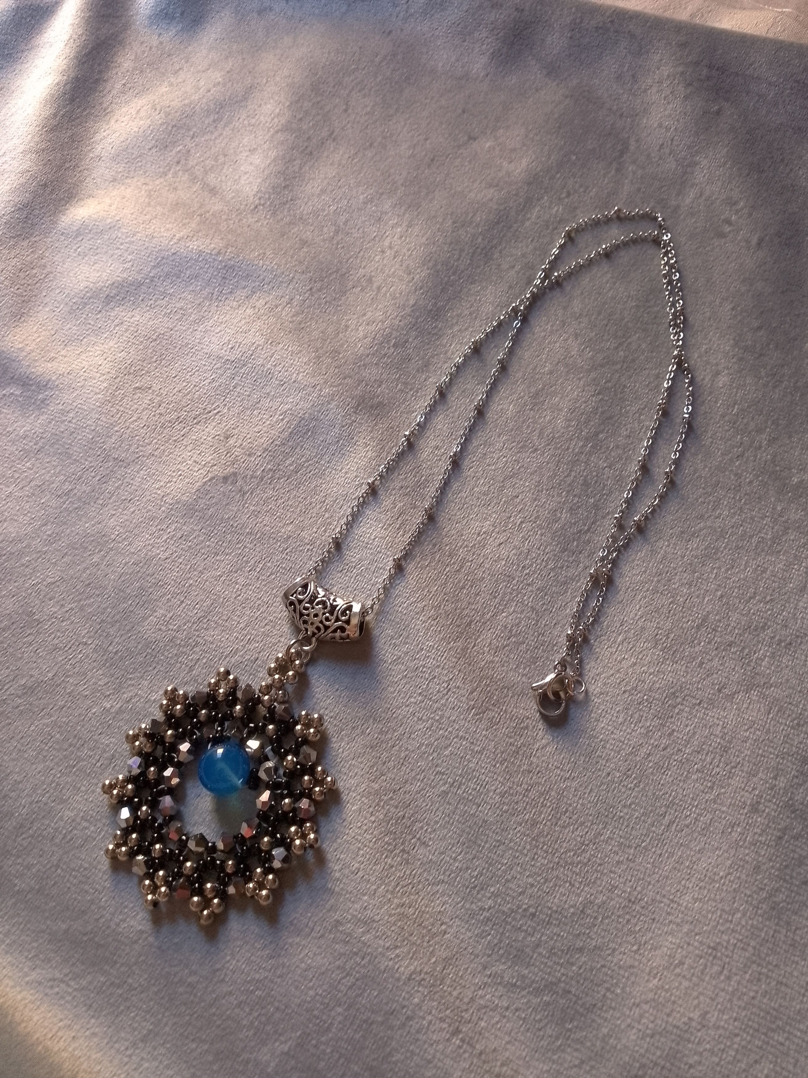 Handmade Long Necklace Rhodium plated. Blue Agate gemstone pendant Size ONE SIZE - 7 Thumbnail
