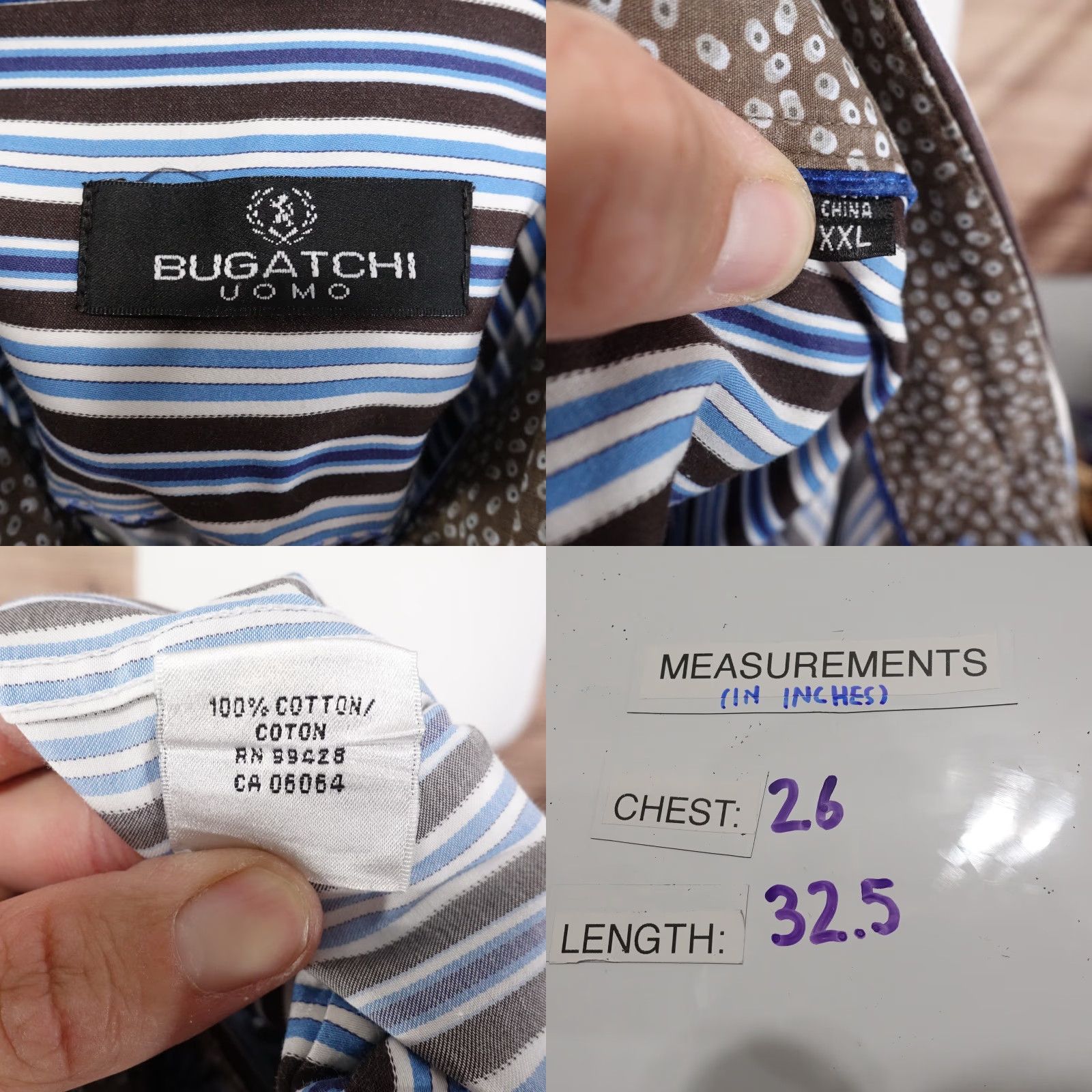 BUGATCHI VINTAGE Bugatchi Uomo Shirt Mens 2XL Long Sleeve Cotton Blue Brown Striped Business Casual Modern Fit Size US XXL / EU 58 / 5 - 8 Thumbnail