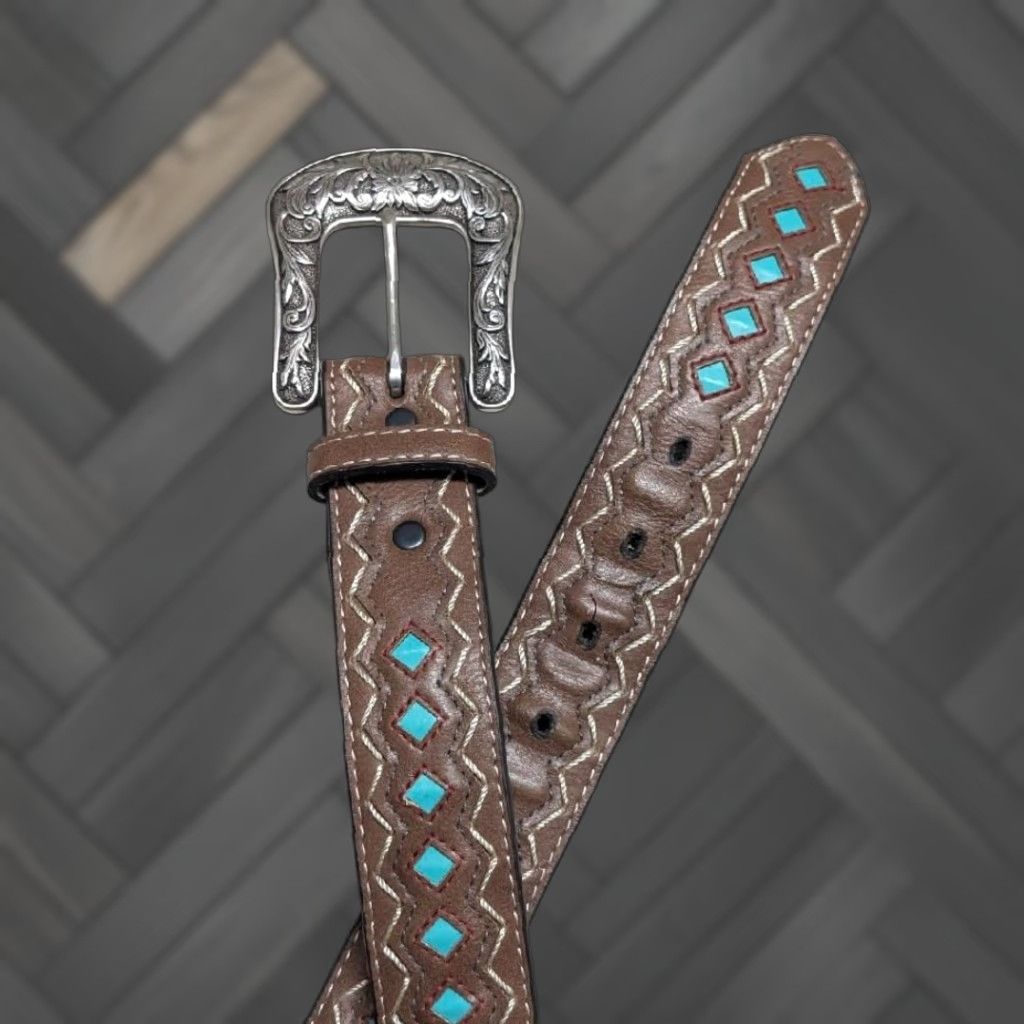 Ariat VINTAGE Ariat belt Western belt 42 brown Diamond tooled cutout belt western style with buckle snaps Mens 42 Brown ARIAT belt WOMENS? Size 42 - 1 Thumbnail