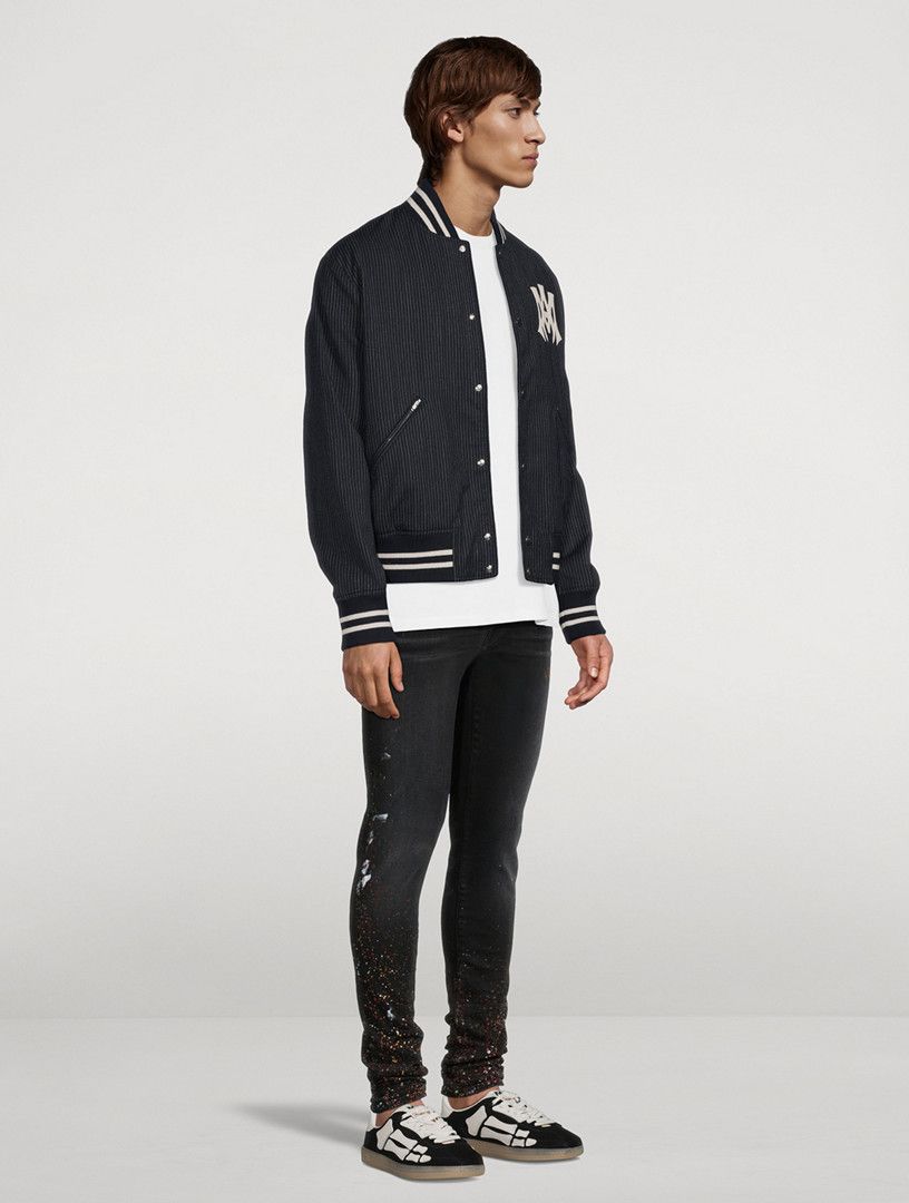 o1s1wg110326 MA Hollywood Pinstripe Bomber Jacket in Black