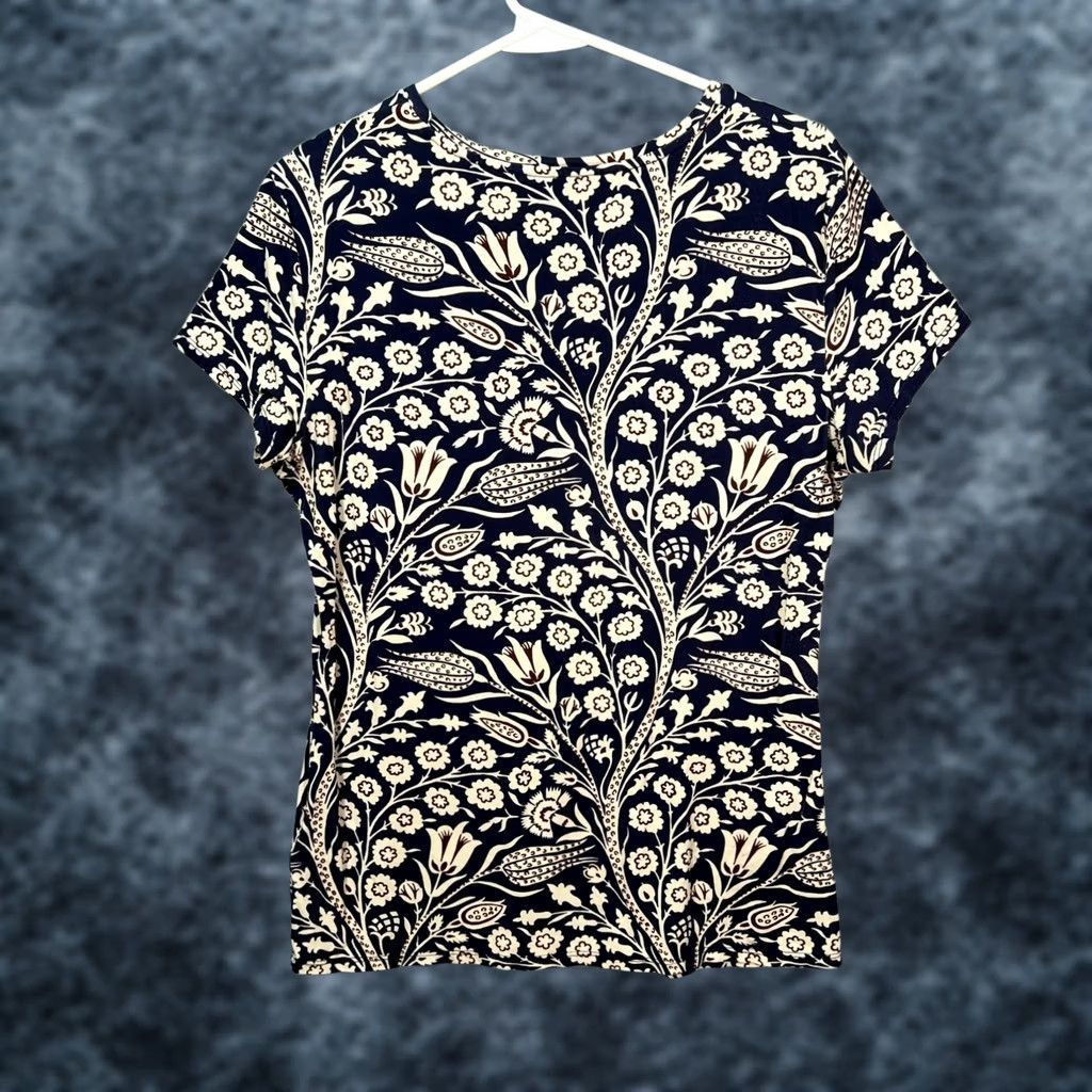 Ted Baker Ted Baker Top Womens Size 4 Navy & Beige Floral Print Short-Sleeve Size S / US 4 / IT 40 - 1 Thumbnail