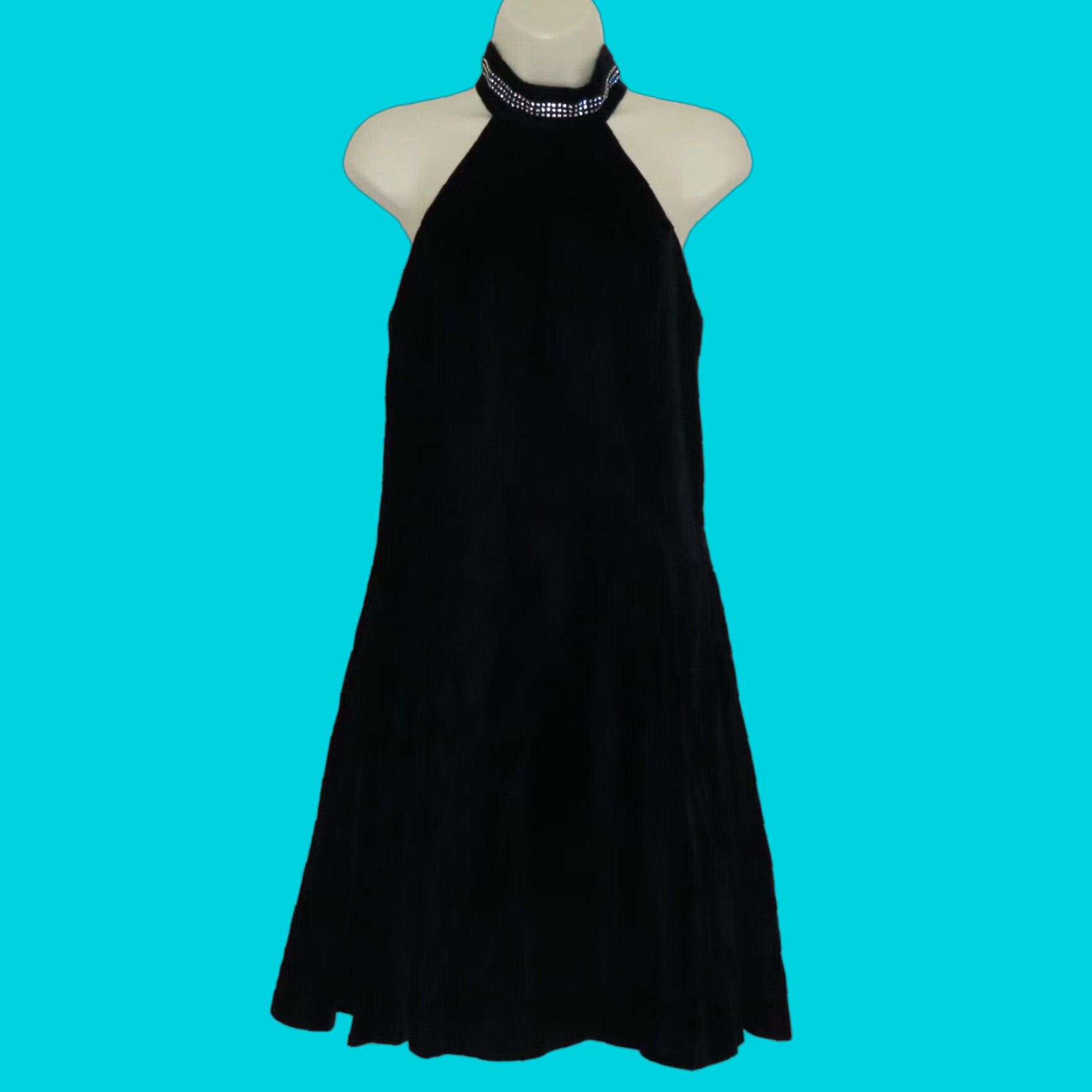 Velvet VINTAGE Hampton Nites Women 8 Black Velvet High Neck Rhinestone Collar 1990s NEW Size M / US 6-8 / IT 42-44 - 1 Thumbnail