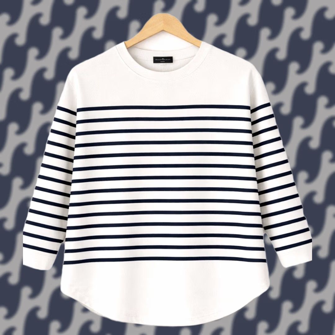 Vintage Pomander Place Top Womens Boxy Tunic 3/4 Sleeve White Blue Striped Beach Casual Shirt OS Size ONE SIZE - 1 Thumbnail