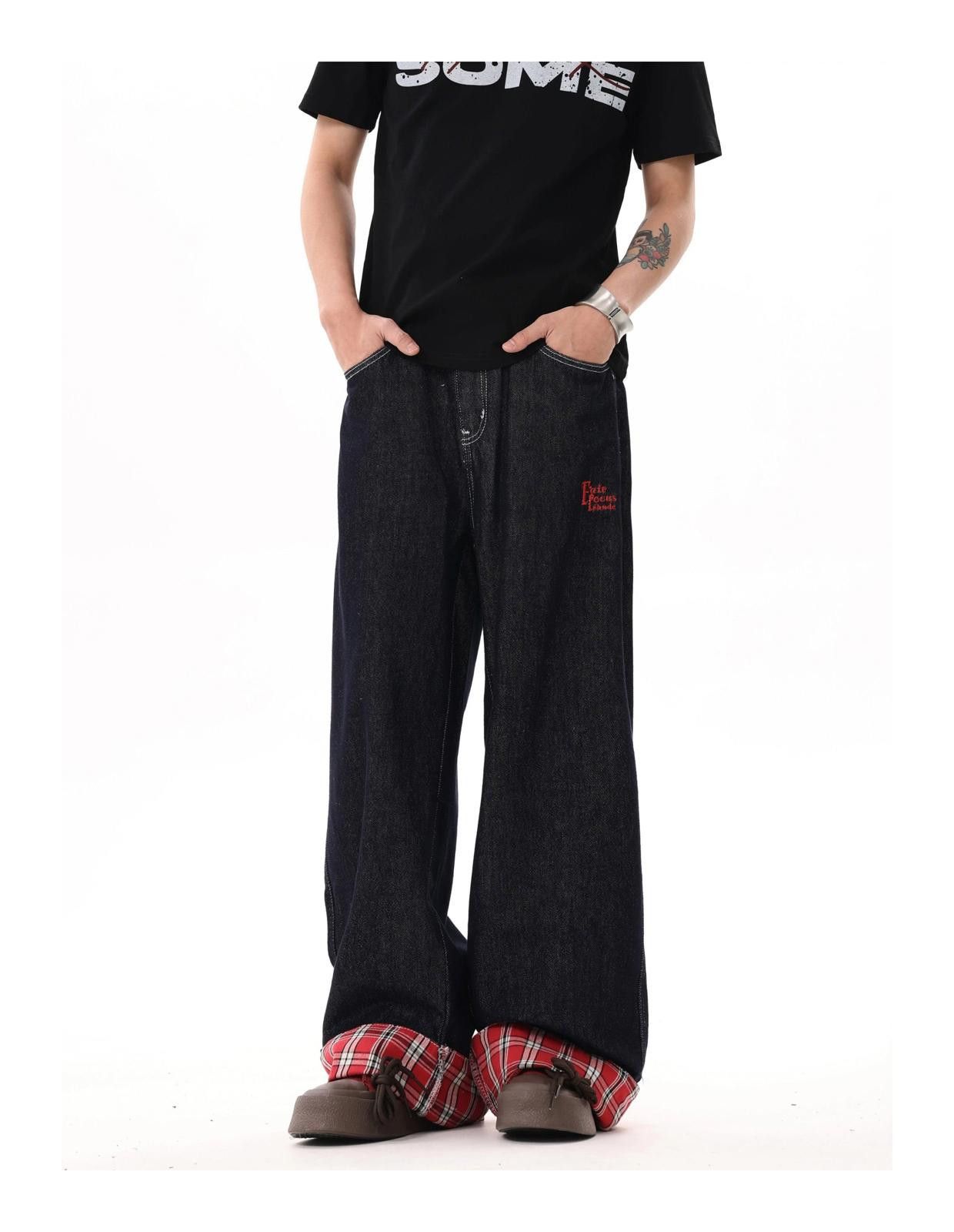 Japanese Brand Baggy Plaid Patchwork Wide Leg Denim Jeans Size US 32 / EU 48 - 4 Thumbnail