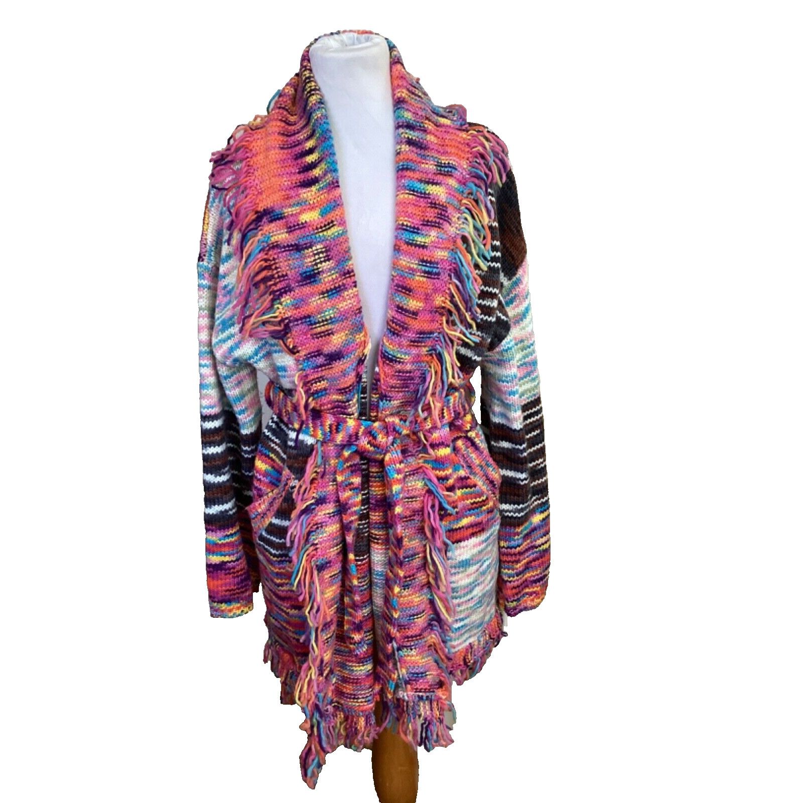 Other POL 80'S PATCHWORK BELTED FRINGE KNIT CARDIGAN SWEATER SZ M Size M / US 6-8 / IT 42-44 - 1 Thumbnail