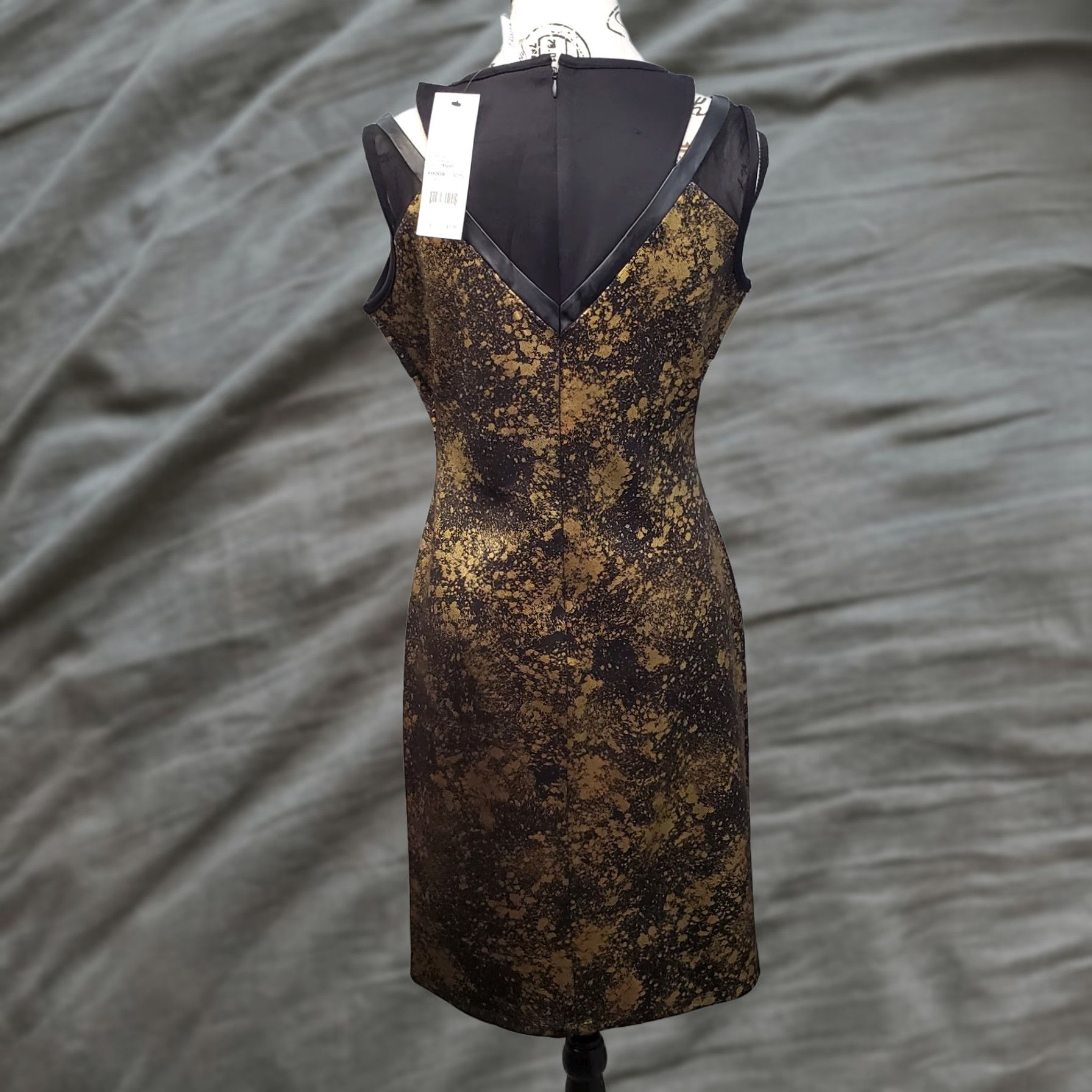 Vintage NY Collection Womens Sheath Dress Midi Black Gold Foiled Faux Leather Trim Back Zip Sleeveless S Size S / US 4 / IT 40 - 1 Thumbnail