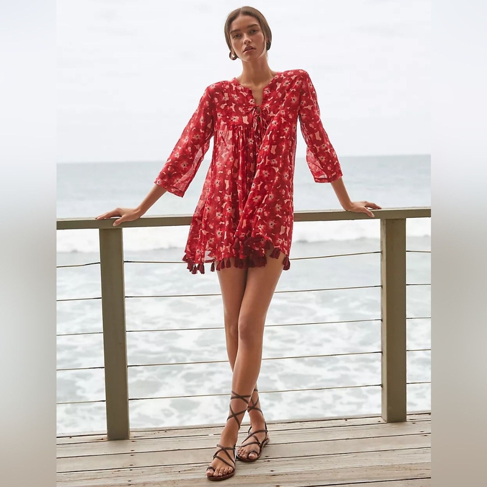 Anthropologie Ro’s Garden Red Floral Seychelles Tunic Dress Coverup Sz XL Size XL / US 12-14 / IT 48-50 - 1 Thumbnail