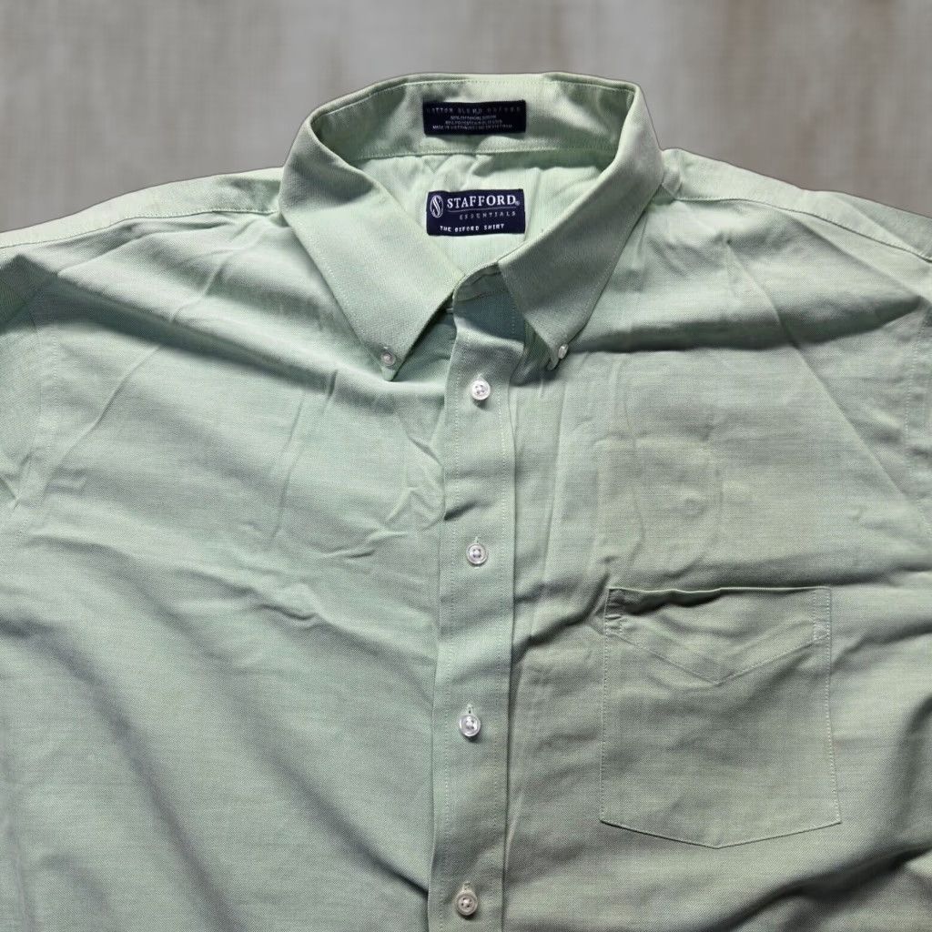 Stafford VINTAGE Stafford Men's Solid Green Cotton Shirt Long Sleeve Button-Up 17.5 Regular Fit Size US XL / EU 56 / 4 - 1 Thumbnail