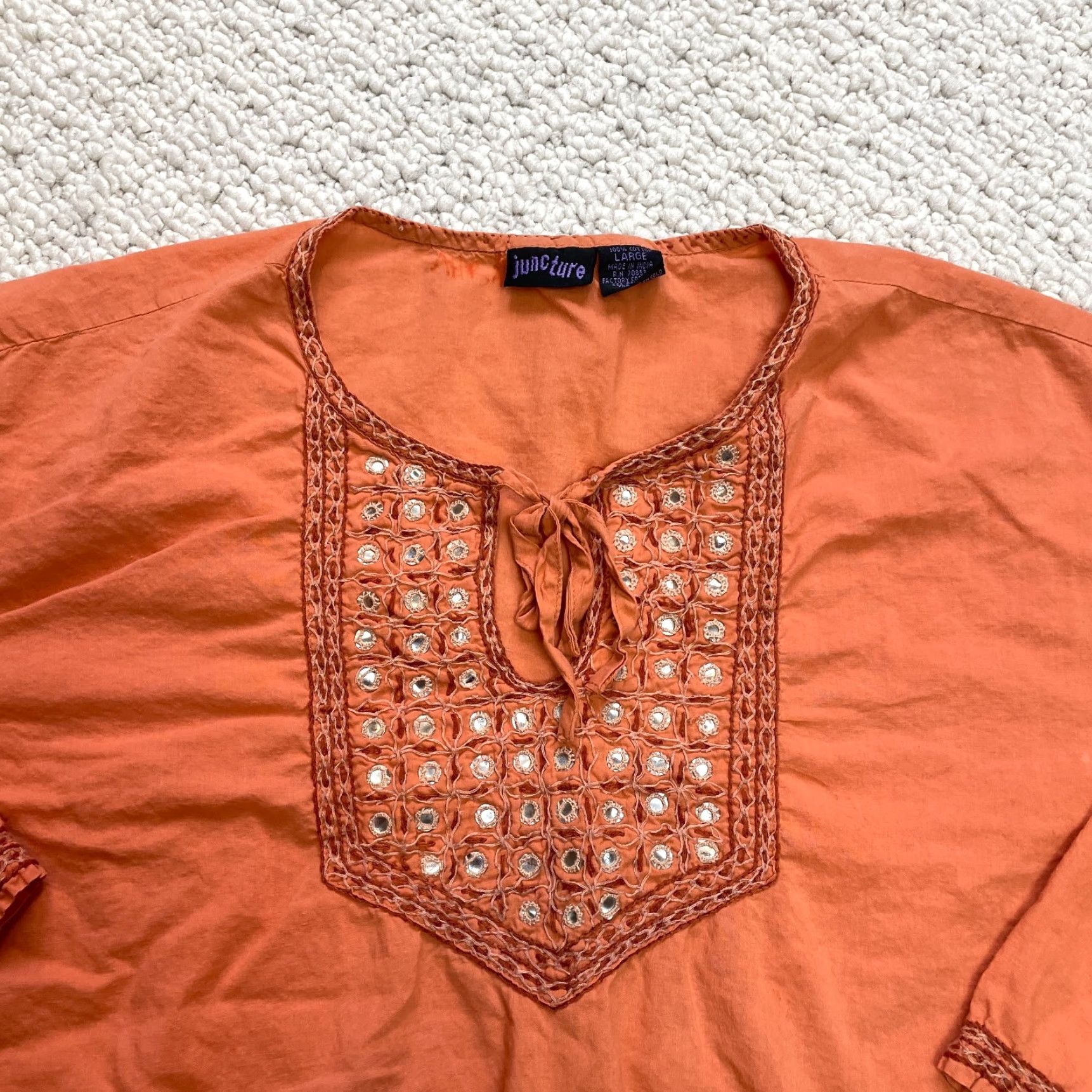 Vintage Junque Blouse Shirt Womens L Orange Peasant Top Cotton Tie Neck Casual Size L / US 10 / IT 46 - 2 Thumbnail