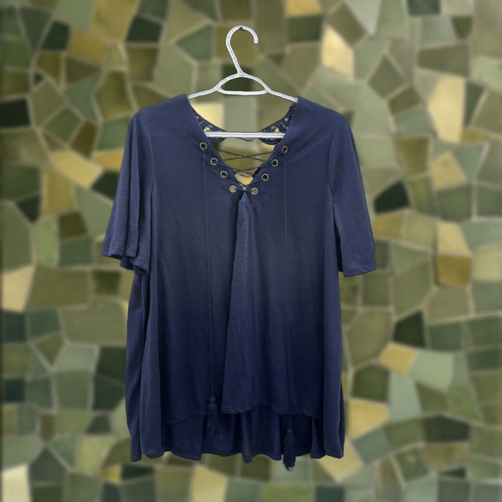 Vintage Xhilaration Juniors Blouse Size XXL Blue Cross V-Neck Embroidered Lace Back Size XL / US 12-14 / IT 48-50 - 1 Thumbnail