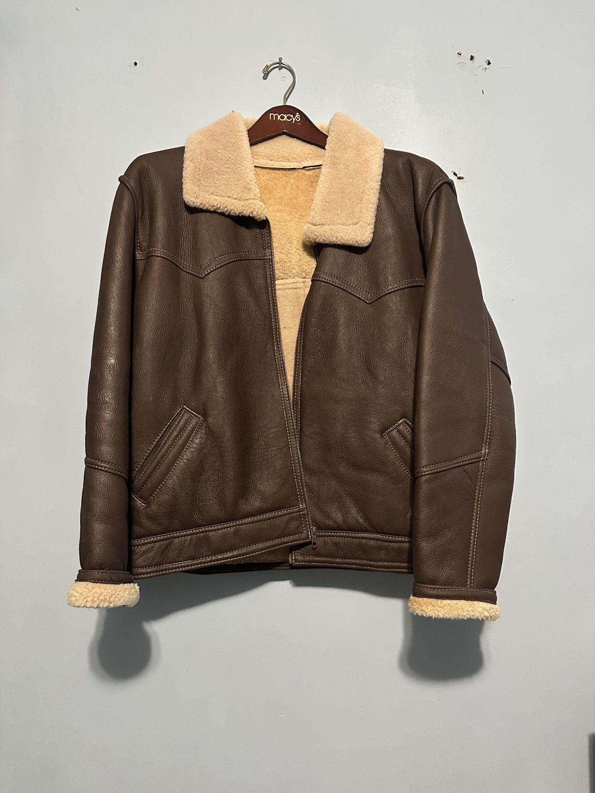 Brown leather sheepskin bomber.