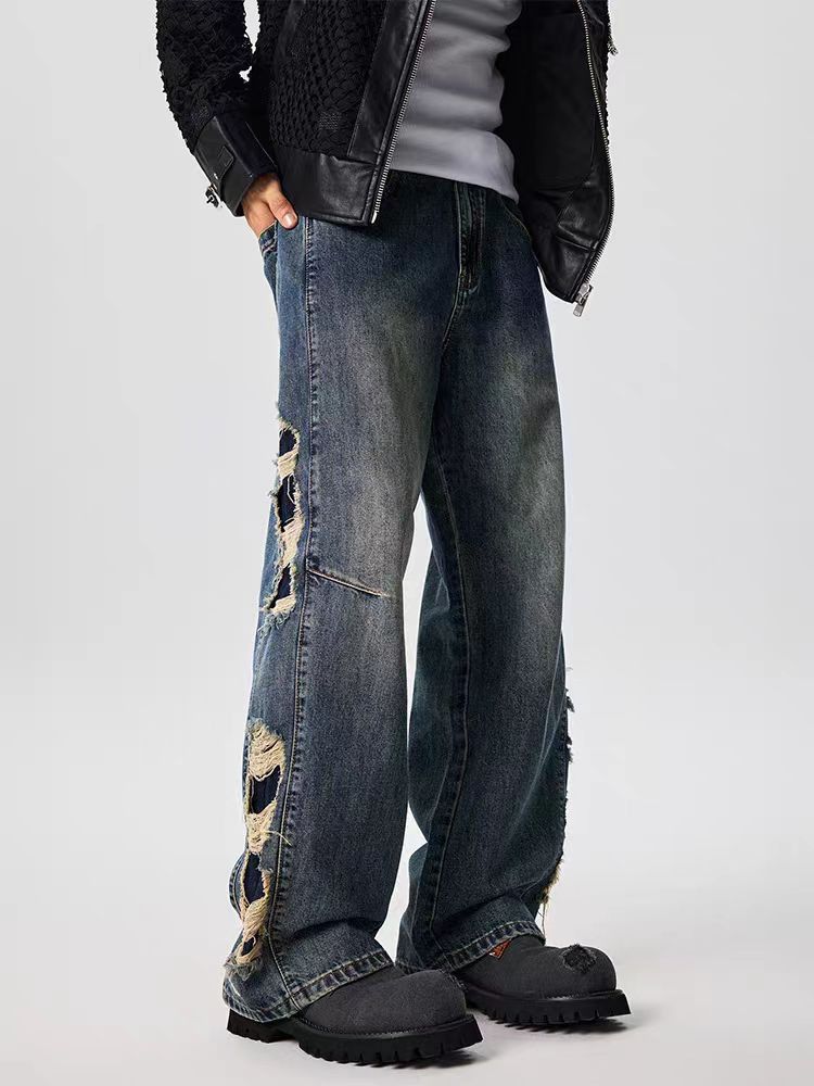 Vintage street hip-hop washed and distressed ripped jeans
