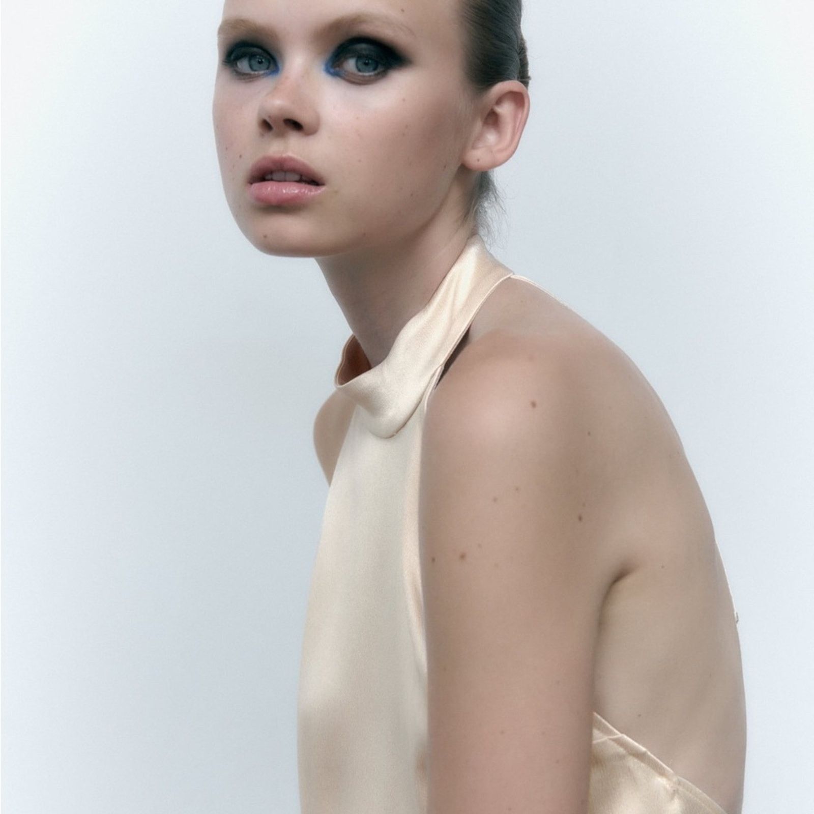 ZARA SATIN EFFECT HALTER DRESS ECRU