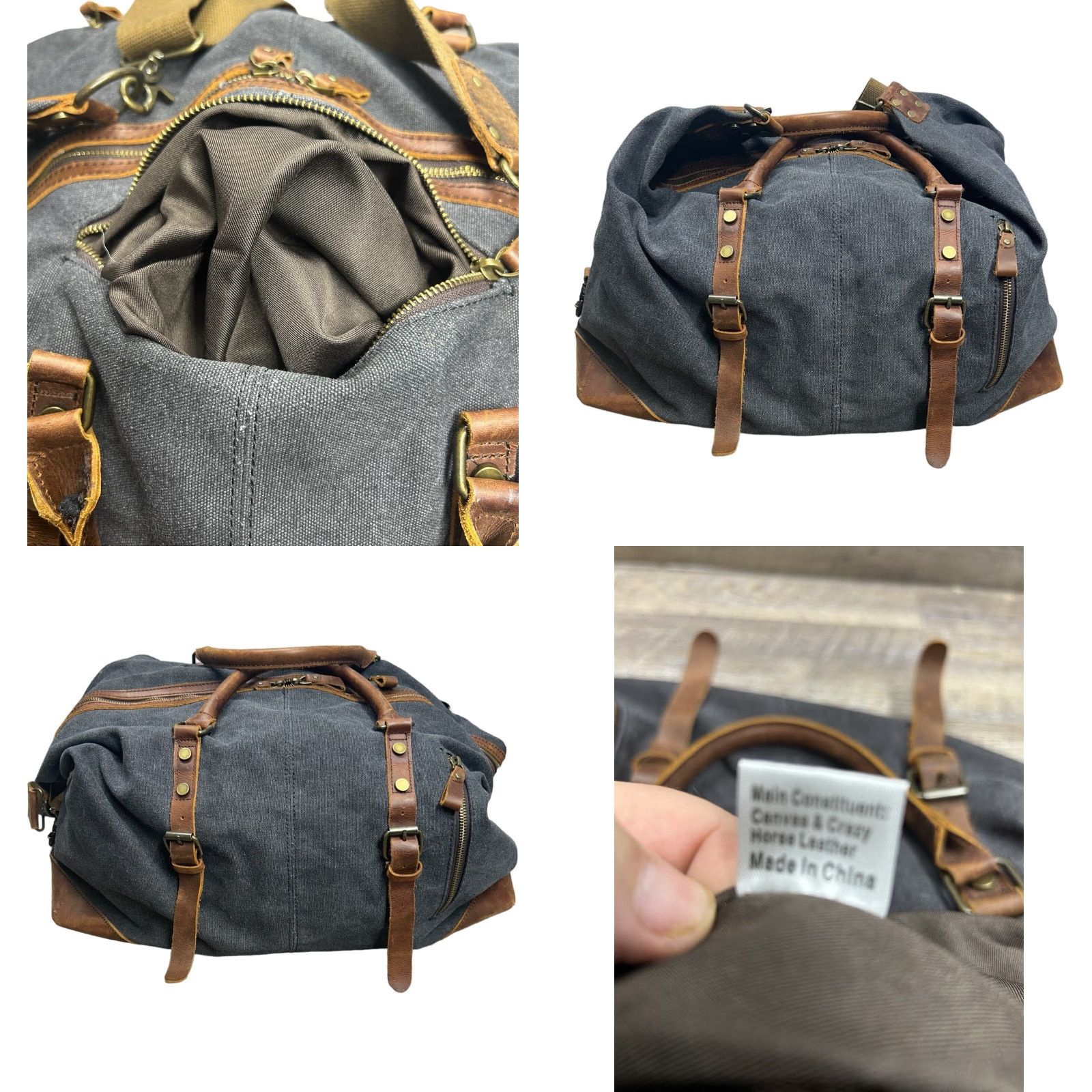 Vintage Case Duffle Bag Adult Large Gray/Brown Canvas Leather Trim Travel Suitcase Bag Pockets Zip-Around Lined Size ONE SIZE - 9 Thumbnail