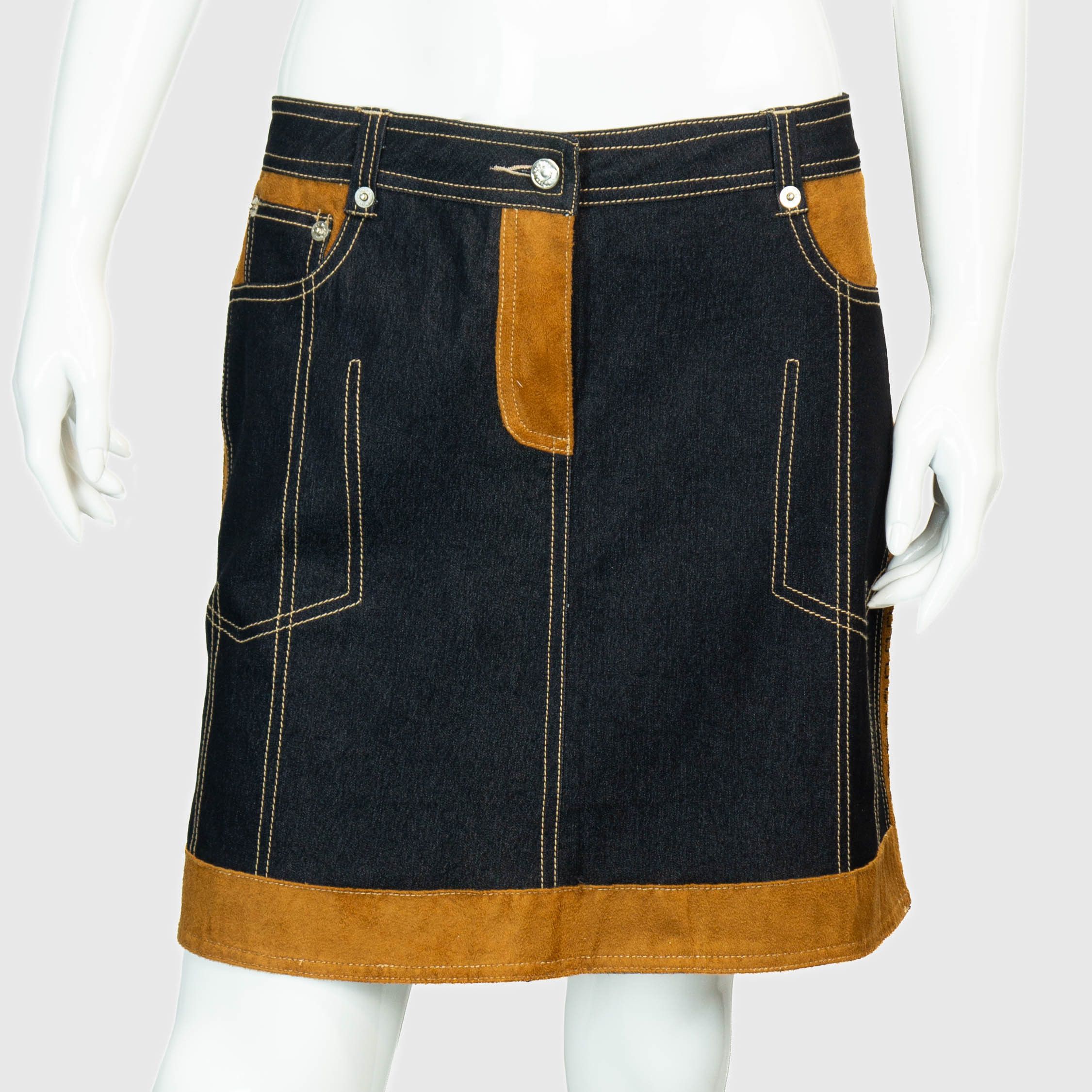 image of Christian Dior Archive Denim Blue Leather Skirt Vintage 90's in Blue/Brown, Women's (Size 28)