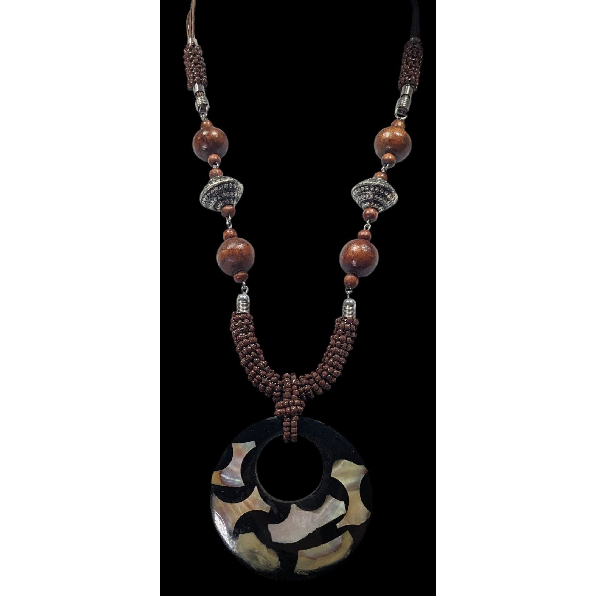 Other Vintage Bohemian Wood And Metal Necklace With Shell Inlay Pe Size ONE SIZE - 2 Thumbnail